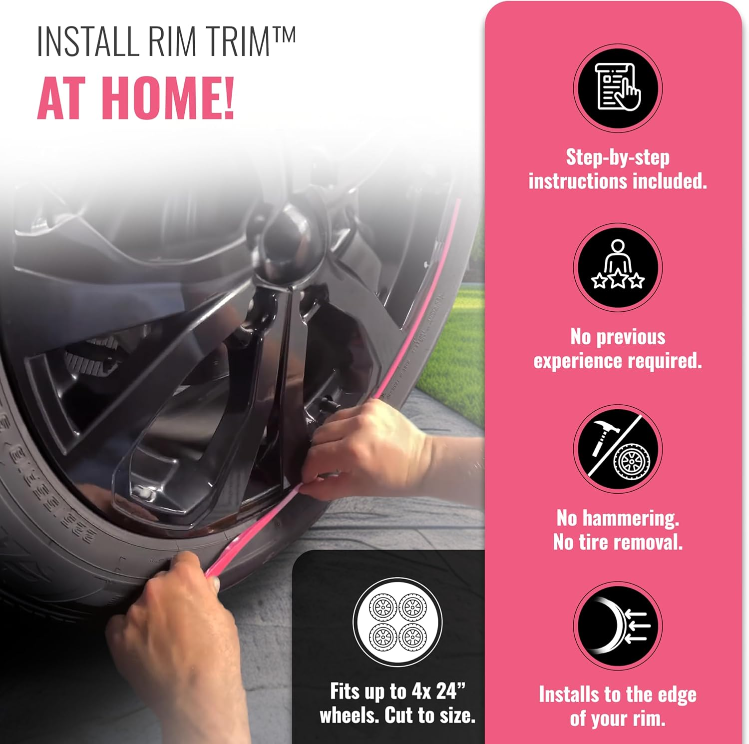 All-Fit Rim Trim Wheel Protection Strips for Curb Rash and Wheel Scratch Prevention &ndash; Made in the USA &ndash; Universal Fit (Pink) - Black image number 7