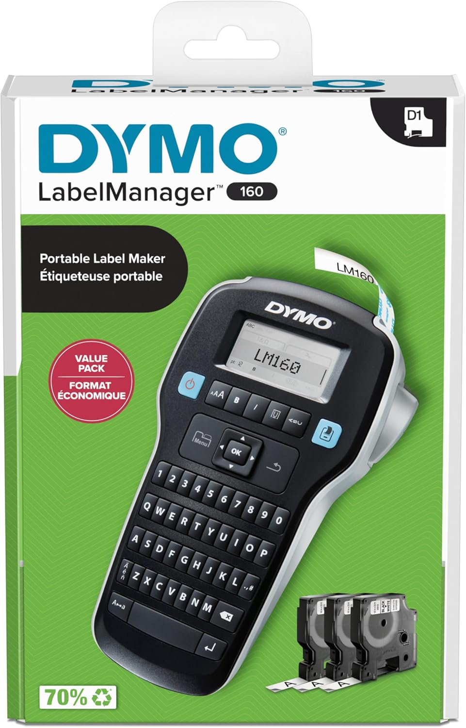 DYMO Labelmanager 160 Label Maker Starter Kit with 3 Rolls of D1 Label Tape | Handheld Label Printer Machine | QWERTY Keyboard | Ideal for Office or Home