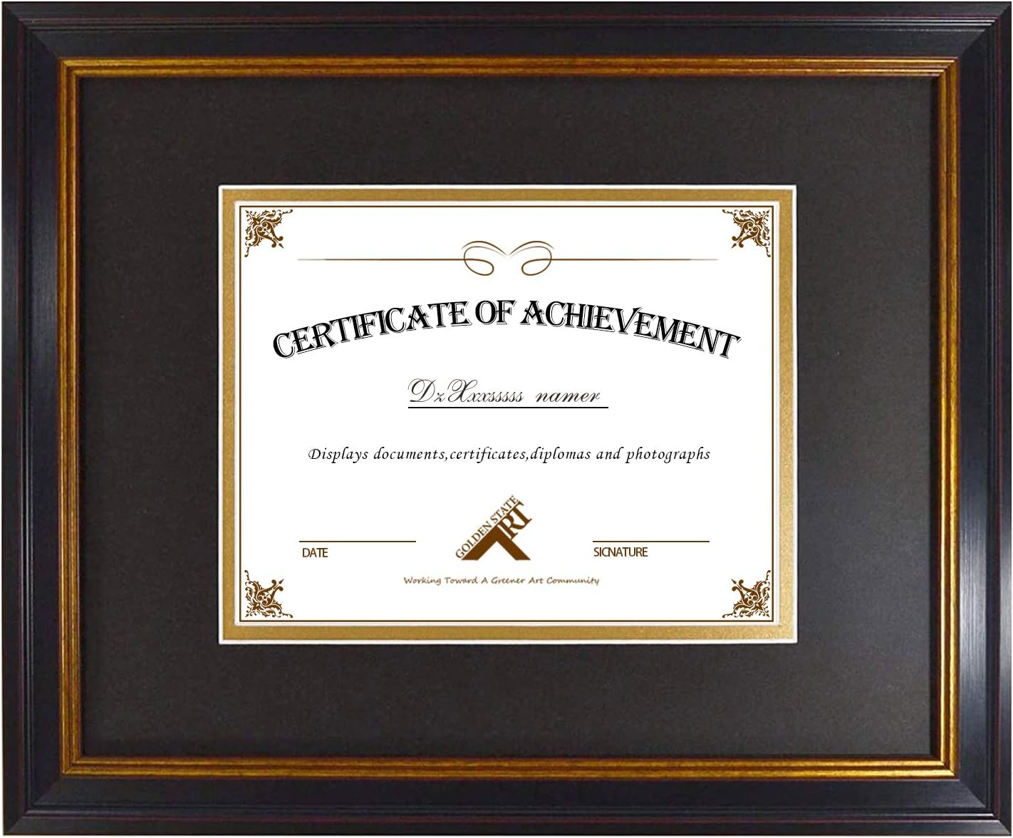 Golden State Art, 11X14 Black Gold & Burgundy Color Document Frame for 8X10 Diploma/Certificate/Picture, Includes Double Mat and Real Glass (Black over Gold Double Mat, 1-Pack)