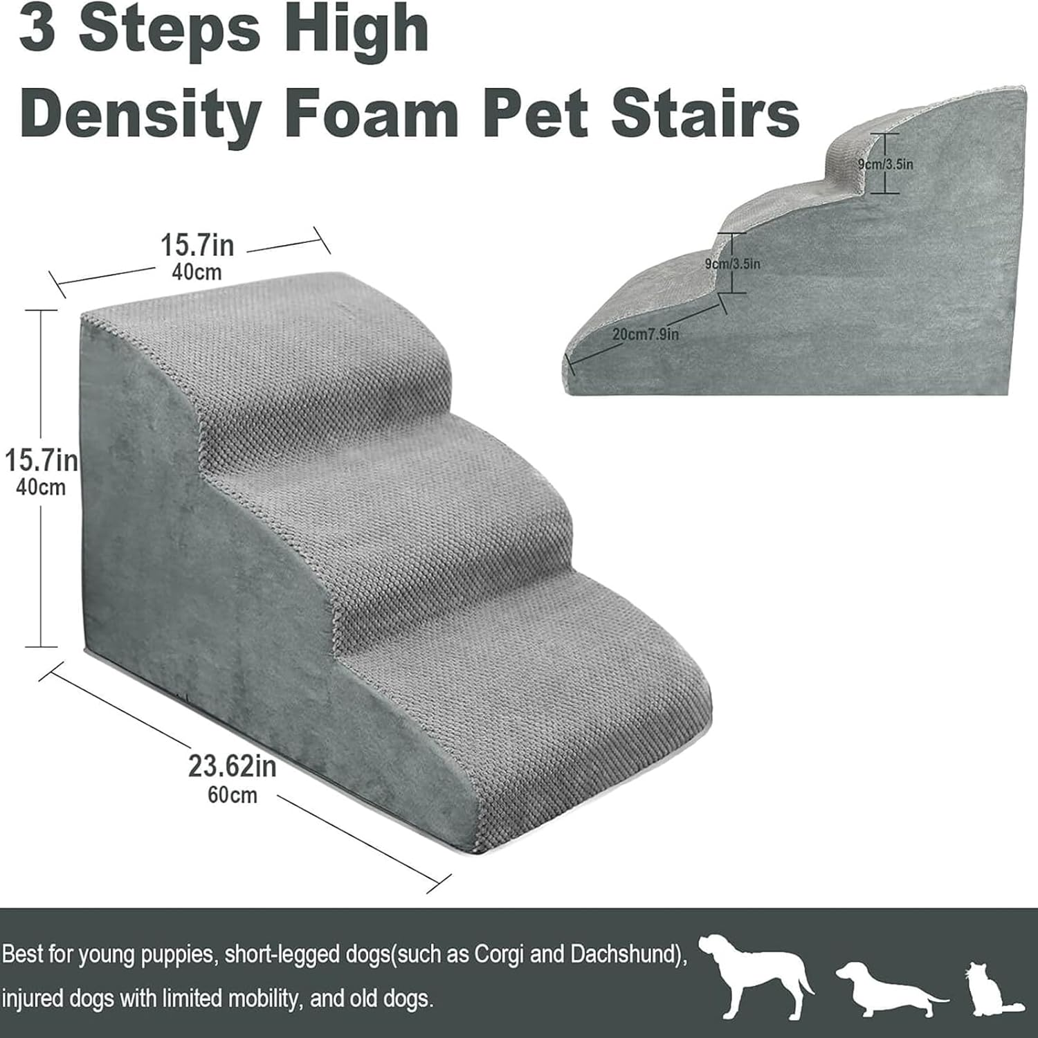 Dog Stairs for Small Dogs Ramp for Couches Bed Extra Wide Pet Steps with Durable Non-Slip Waterproof Fabric Cover(Grey,3Steps) image number 1