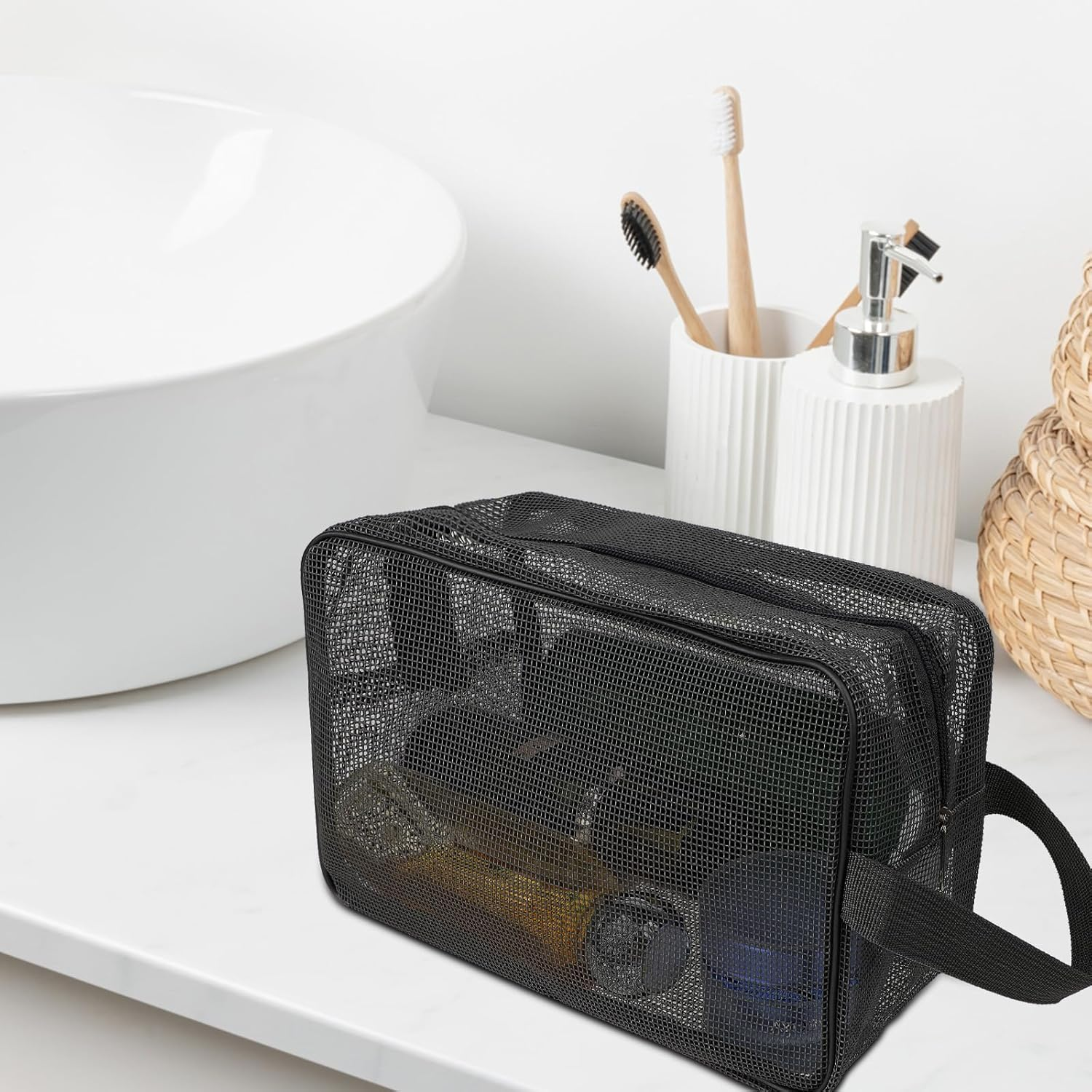 DDPOND Mesh Shower Bag, Mesh Toiletry Bags for Traveling, Gym Toiletry Bag for Men Women, Toiletry Organizer Tote for Gym Travel Camping College Dorm Room Bathroom(Black) image number 4