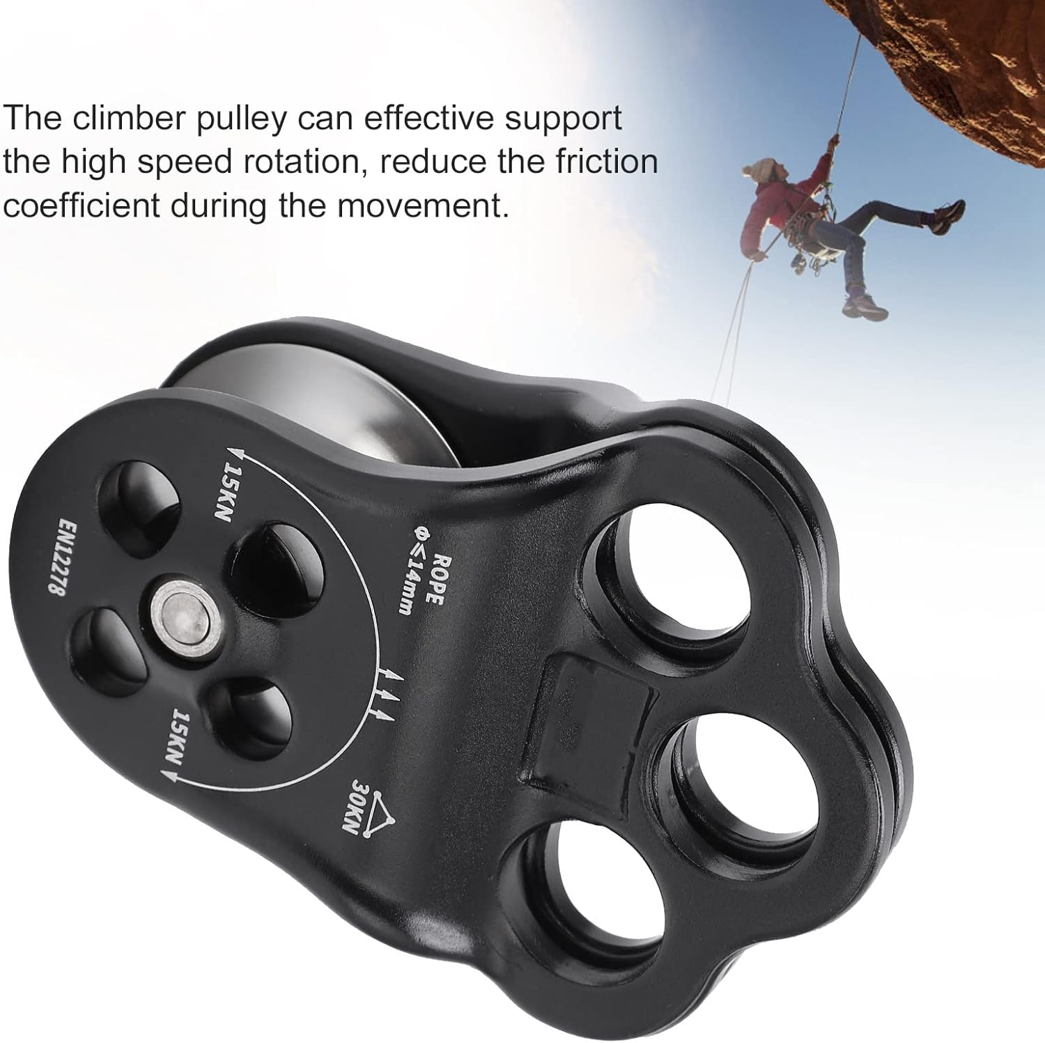 Hitch Climber Pulley, Wide Range of Rope Climber Pulley Strong Oxidation for Hauling for Outdoor for Rigging for Climbing, 30KN Hitch Climber Pulley Rescue Equipment Dual Bearing image number 5