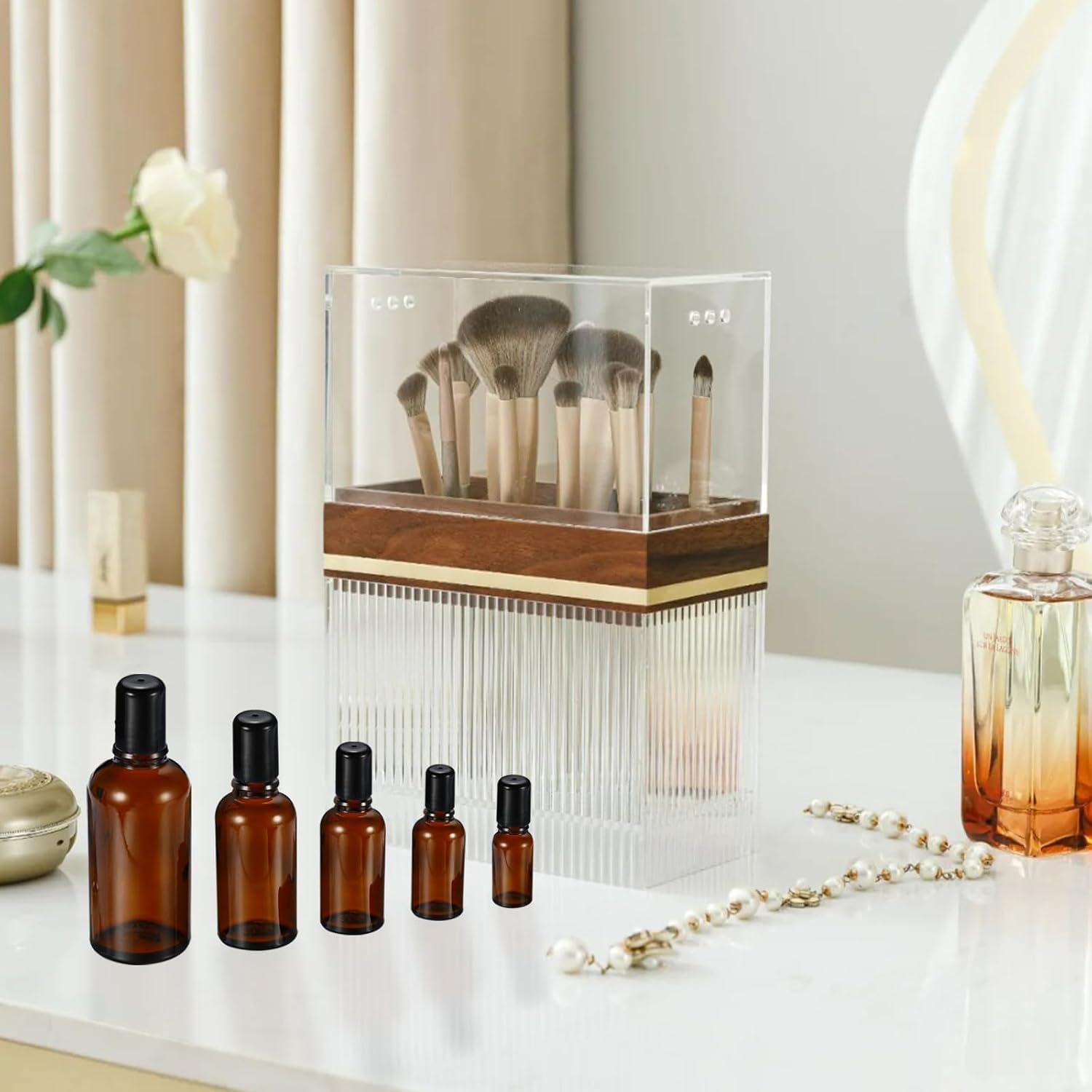 100ML Bottles for Essential Oil, 3 Pack Empty Amber Glass Roller Bottle for Perfume Oil, Roll on Bottles with Stainless Steel Roller Balls, Opener, Funnel and Dropper image number 1