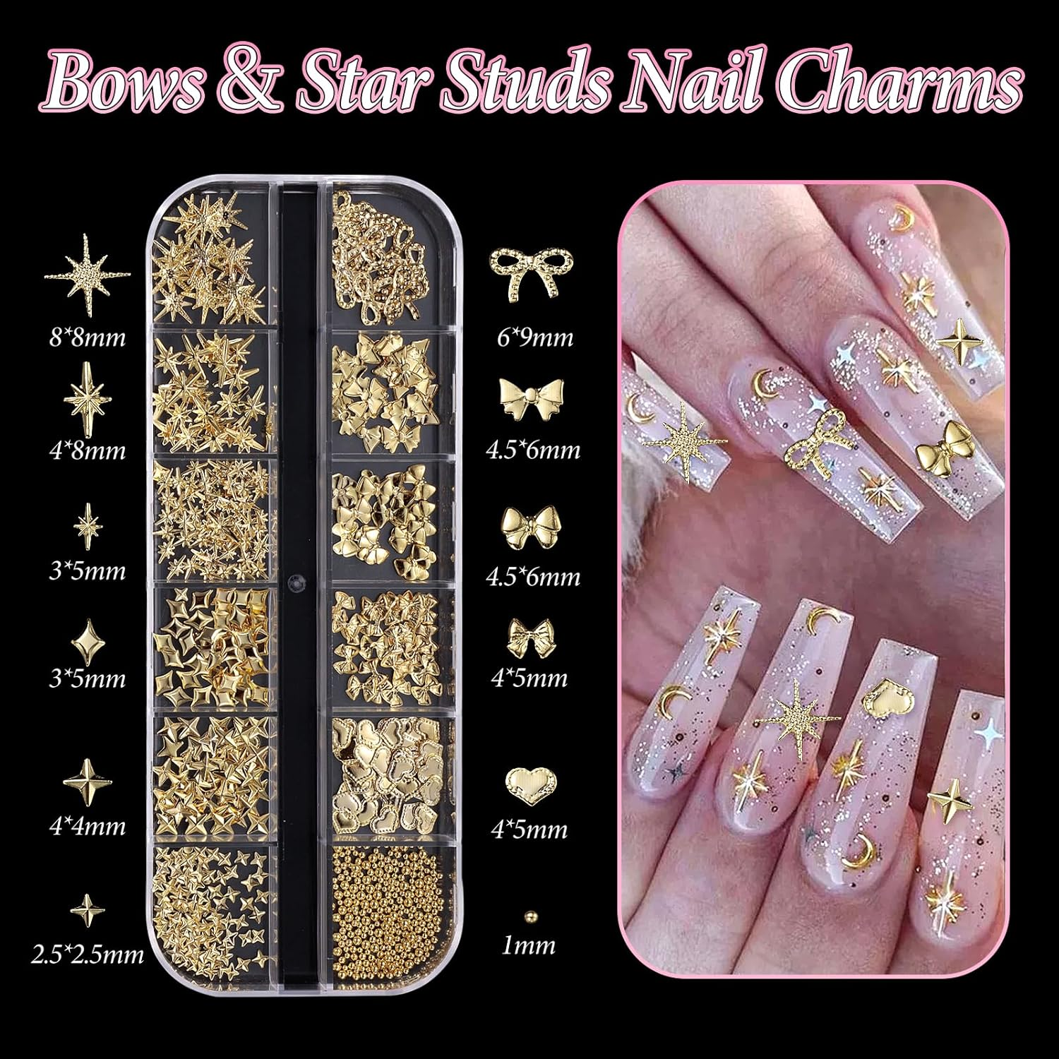 Cynailli 2 Boxes 3D Gold Nail Charms, Assorted Heart Star Flower Rabbit Animal Candy Cross Star Shapes, Luxury Metal Nail Art Accessory image number 2