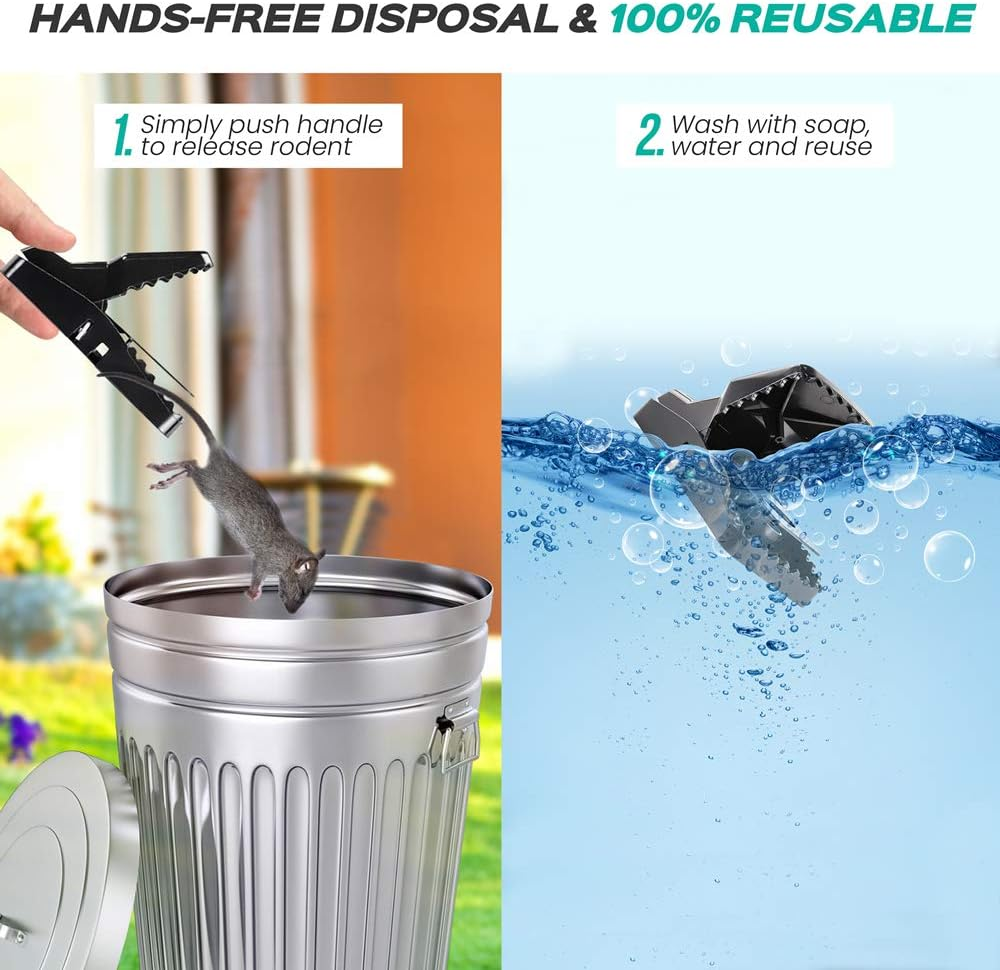 Large Powerful Rat Traps (4 Pack) - Kills Instantly with Powerful Steel Spring - Setup in Seconds - Wash & Reuse over & over - Hands Free Disposal - Rat Control without Harmful Poisons or Chemicals