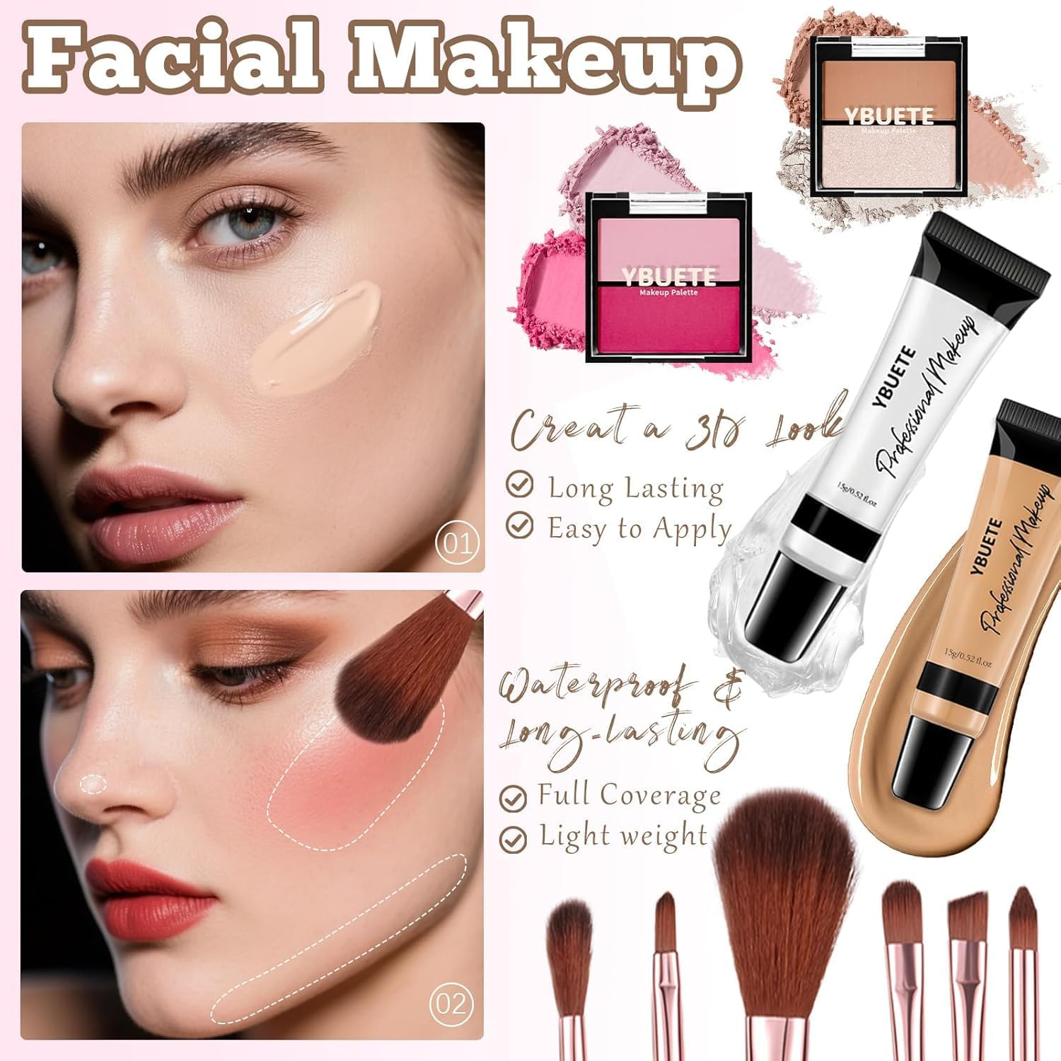 YBUETE Makeup Full Kit for Beginners Girls Women, Travel Makeup Set Present for Her,Cosmetic Set Include Eyeshadow Blush Lip Gloss Peel off Lip Stain Eyeliner Mascara Eyebrow Pencil Cosmetic Bag - Multi-Colored image number 6