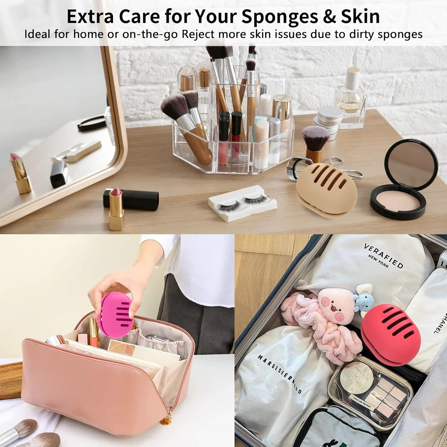 Fauxomor Makeup Sponge Holder,Double-Sided 5-Line Vented Silicone Beauty Blender Case for Travel,Shatterproof Beauty Blender Holder for All Sponges Sanitary Reuse Easy to Carry,Pink