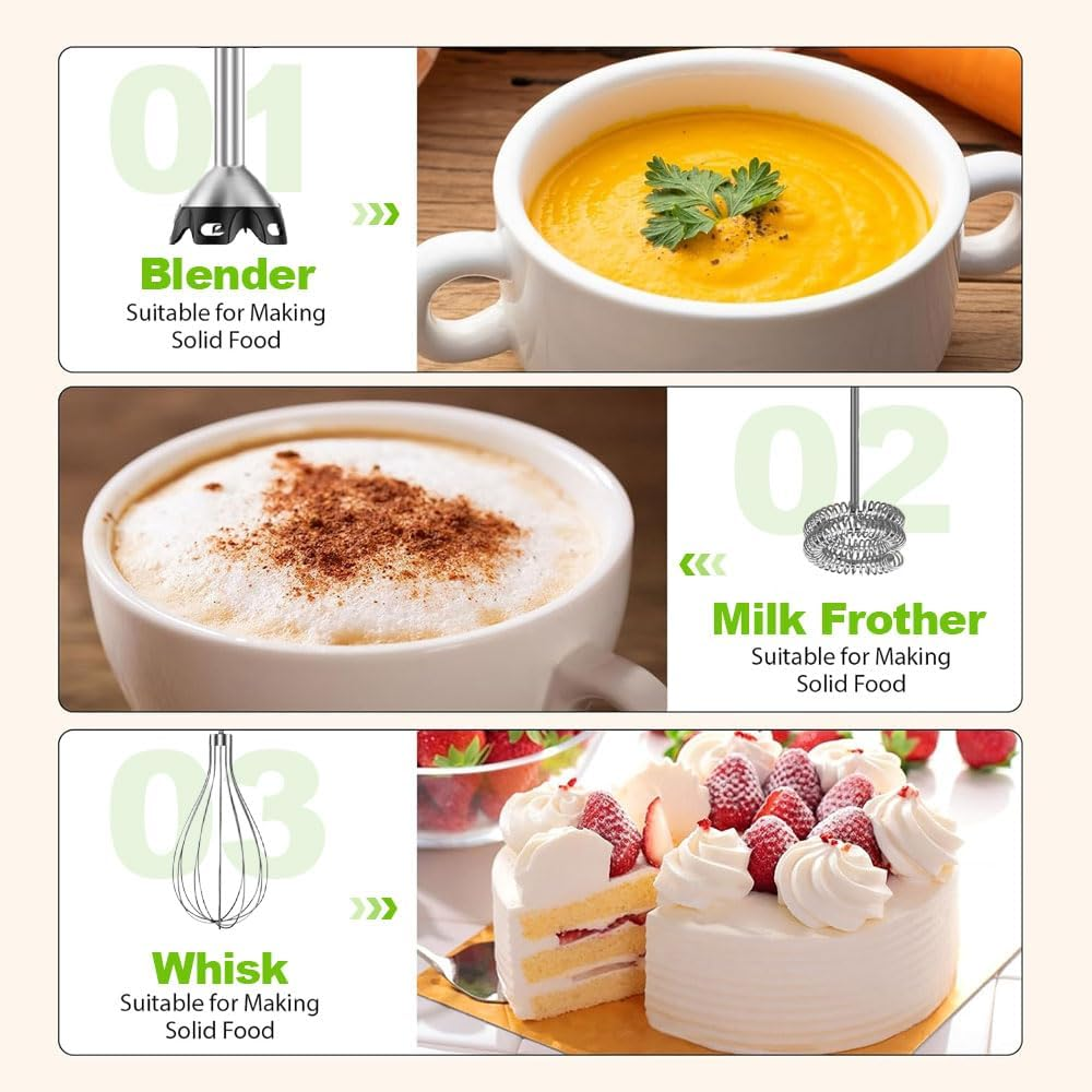 Hand Stick Blender, 7 in 1 Immersion Blender Handheld, 12 Speed Mode Handheld Blender Stainless Steel Blade, 600Ml Mixing Beaker, 500Ml Chopper, Whisk and Milk Frother
