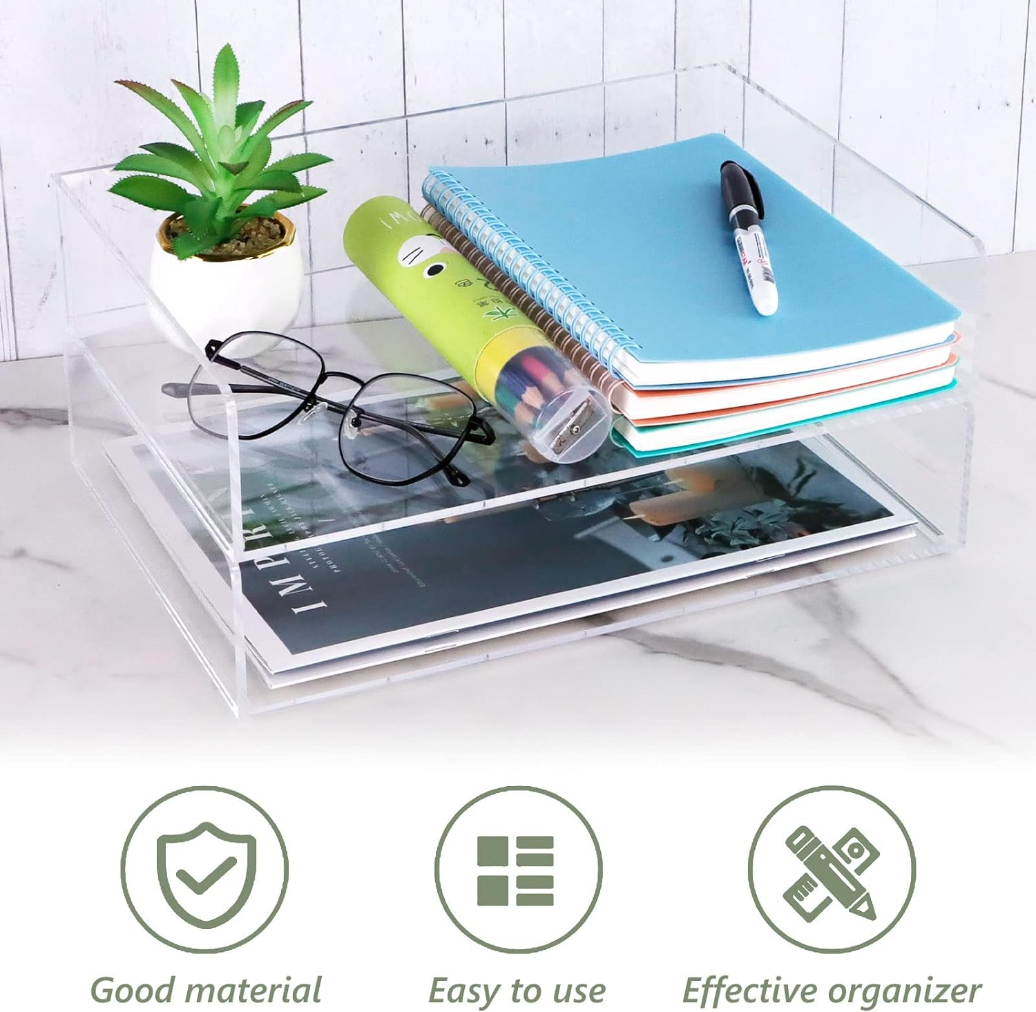 Clear Acrylic Desk Organizers, BOJVESH 2-Tier Paper Organizer Tray, Stackable Classroom File Storage, Workspace Supplies Accessories for Office Home Documents A4 Notebook image number 4
