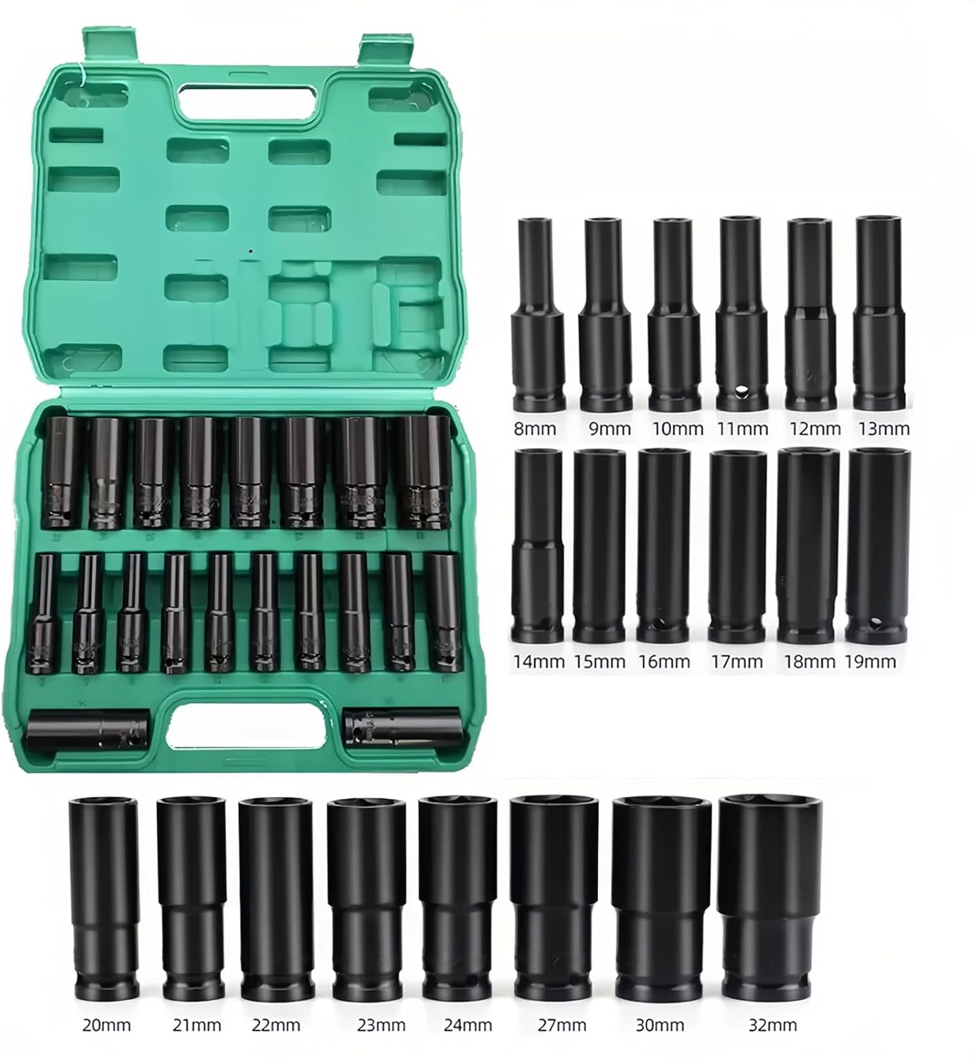 20PCS 1/2 Inch Drive Deep Impact Socket Set Metric Garage Workshop Tools 8-32Mm，Chrome Vanadium Cr-V,6-Point with Storage Case,For Home, Auto Repair or Other Mechanical Tasks image number 4