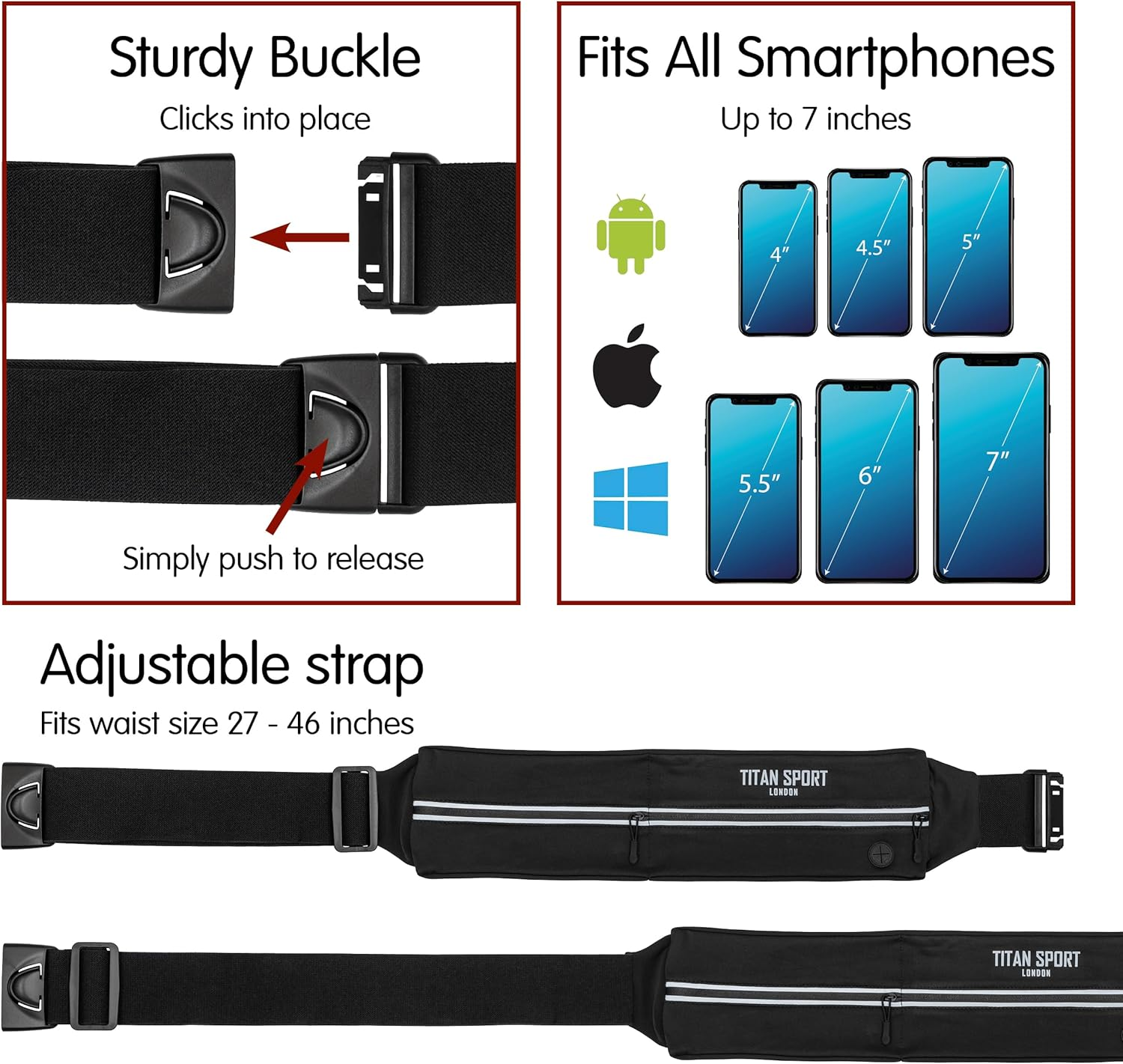 TITAN SPORT Running Belt Waist Bag Phone Holder with Ultra Slim Water Bottle (190Ml), Adjustable Sports Water Resistant Band with Two Pockets Fits Smartphones up to 7", Ideal for Men & Women&rsquo;S Fitness, Black, Ultra Slim Running Belt image number 1