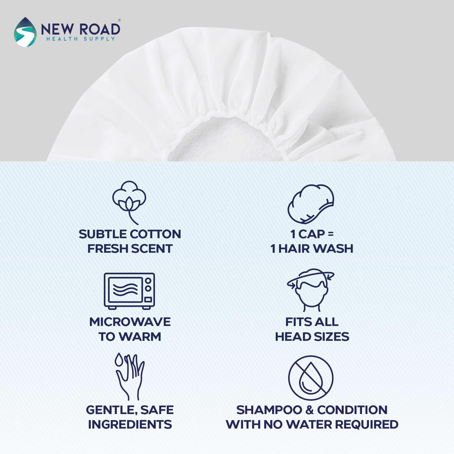 New Road Health Supply - Rinse Free Shampoo Cap, Cleans and Conditions without Water, PH Balanced and Hypoallergenic, No Rinse Shower Cap for Adults and Elderly, 12-Pack image number 3