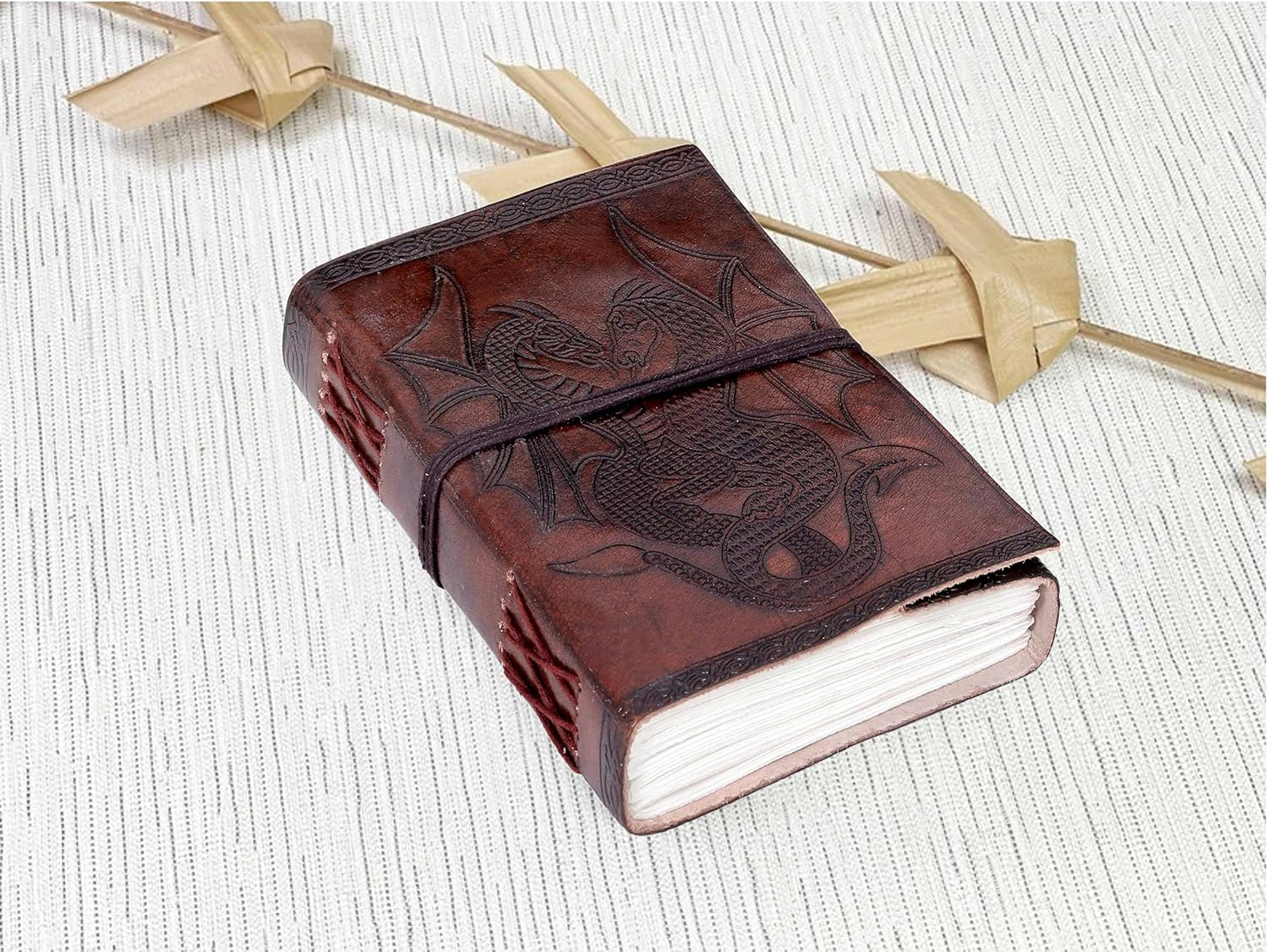 Azuregreen DOUBLE DRAGON Blank Page BOOK Handcrafted Leather Writing Unlined 5 X 7 JOURNAL (Brown) - Brown Leather image number 6