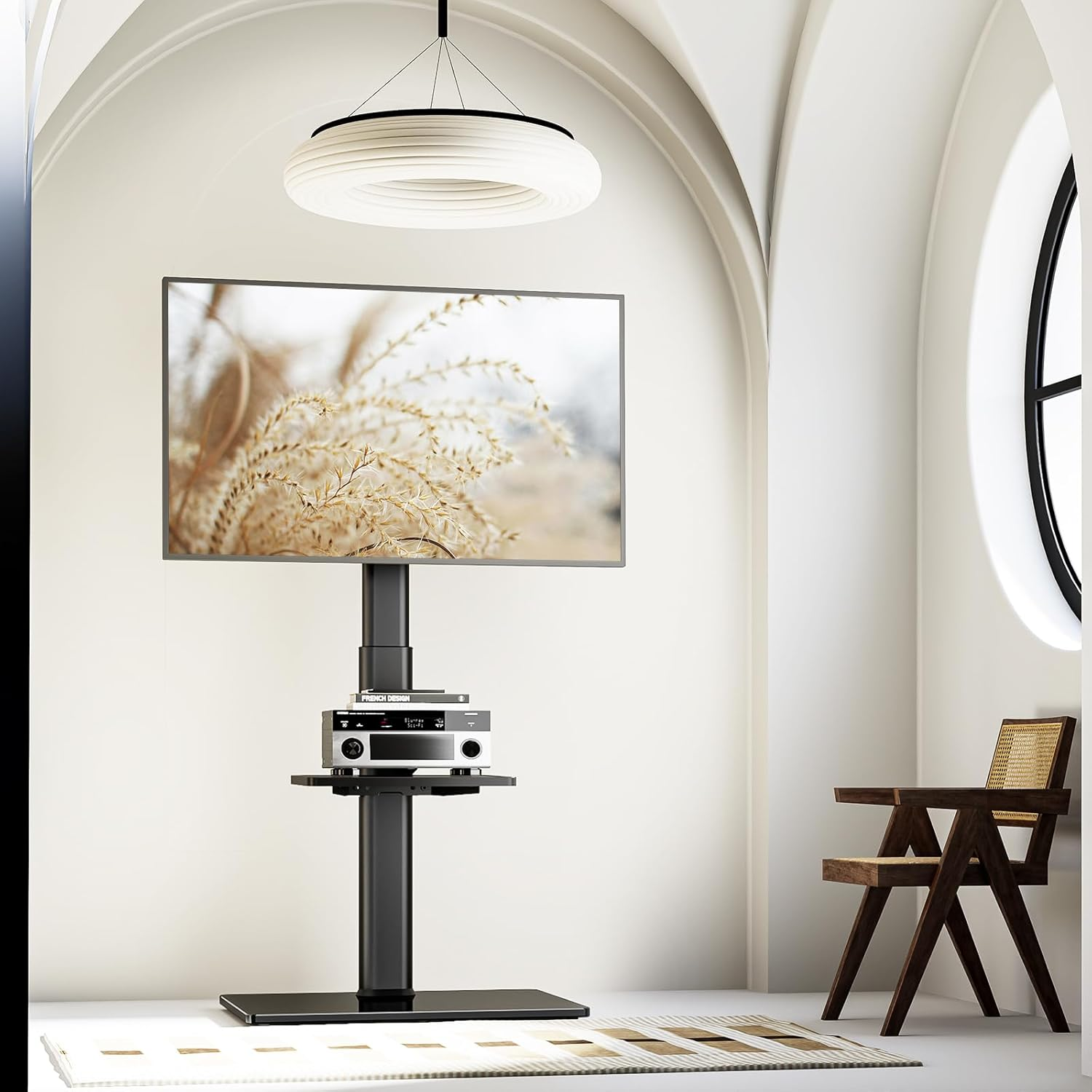 Universal Floor TV Stand with Mount 70 Degree Swivel 9 Level Height Adjustable and Space Saving Design for Most 27 to 65 Inch LCD, LED OLED Tvs One Shelf - White image number 2