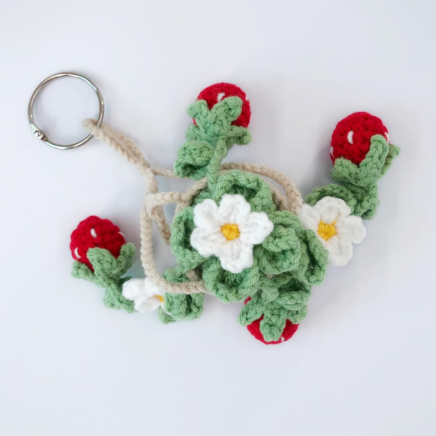 Cute Crochet Daisy Strawberry Hanging Plant for Car Accessories, Aesthetic Decor Rear View Mirror Hanging Ornament for Women and Men, Handmade Cute Car Interior Decor Accessories Gift - Berry image number 5