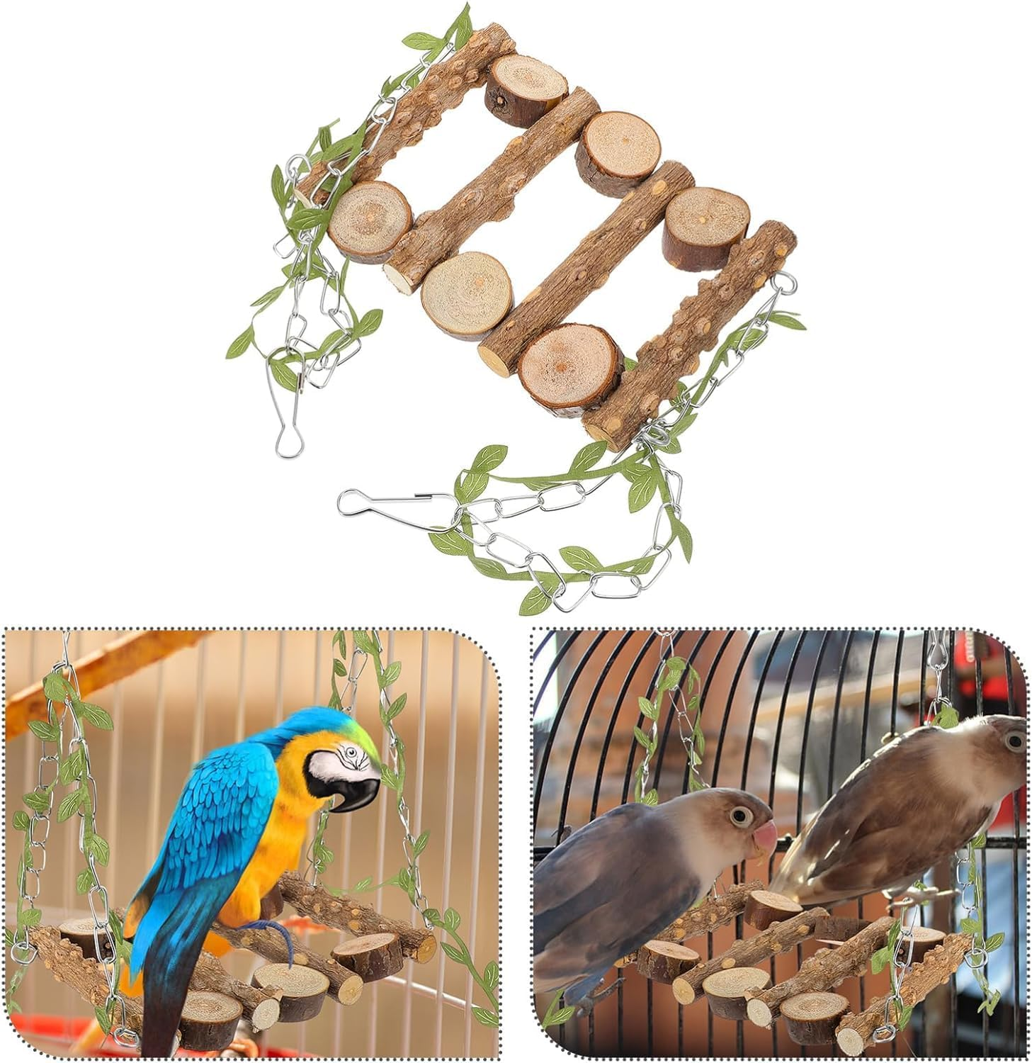 Limcryspp Natural Wooden Parrot Swing, a Suspended Gnawing Toy with a Safety Rope for the Phoenix/Budgerigoo Standing Cage