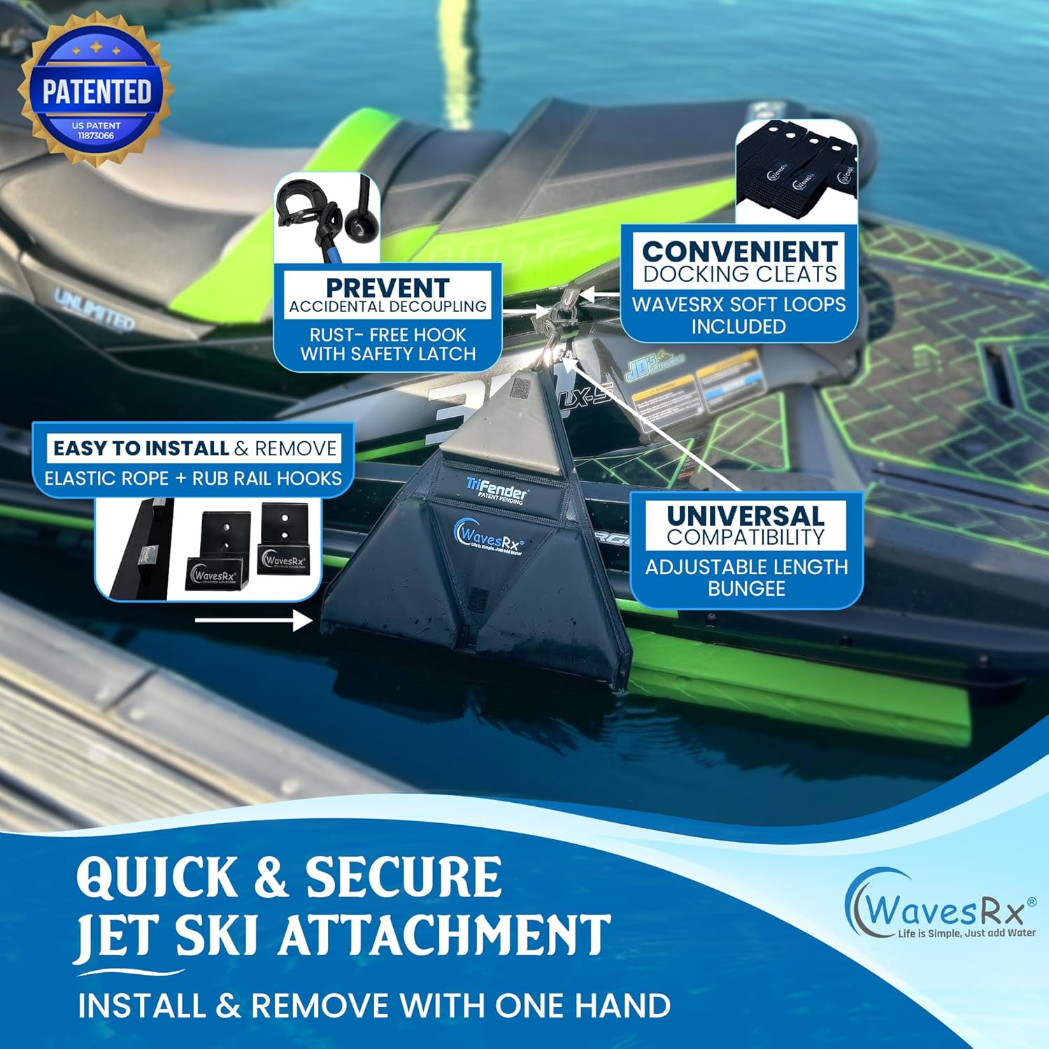 WAVESRX PWC Fender Bumper for Safe Jet Ski Docking | Foldable Easy-To-Store Marine Bumpers Offer Ultimate Protection from Dock Rash and Scratches | Adjustable Length Bungee Cord + Hook & Safety Latch image number 6