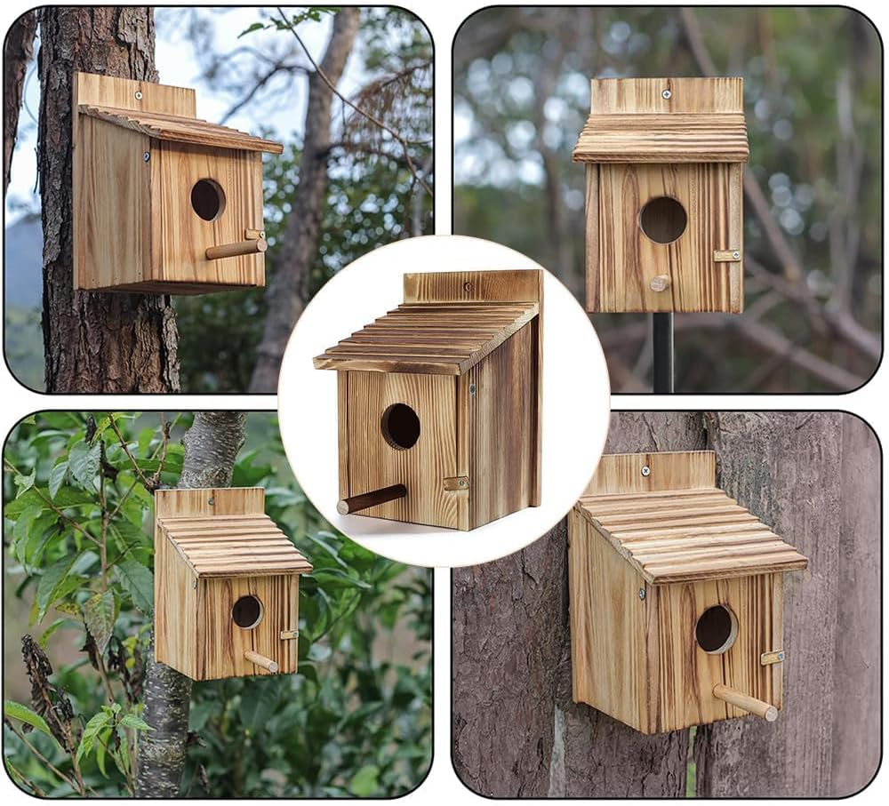 Safe Wooden Little Animal Fossa, Hanging Nest, Sparrow Lair Box with Pole, Outdoors Hoisting Garden Patio Decorative for Swallow Hummingbird Finch Throstle image number 5