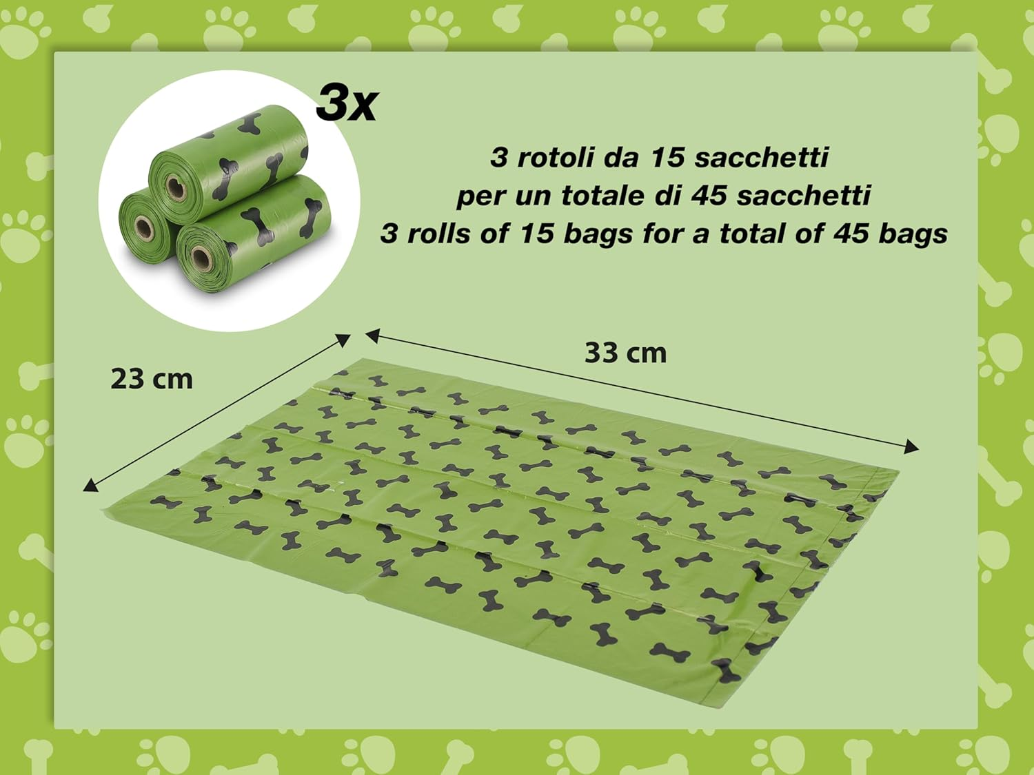 BEPER C207PET012 Scented Dog Hygiene Bags - 3 Rolls of 15 Plastic Bags - Total 45 Bags - Shatterproof Easy Tear - Green Colour with Print image number 1