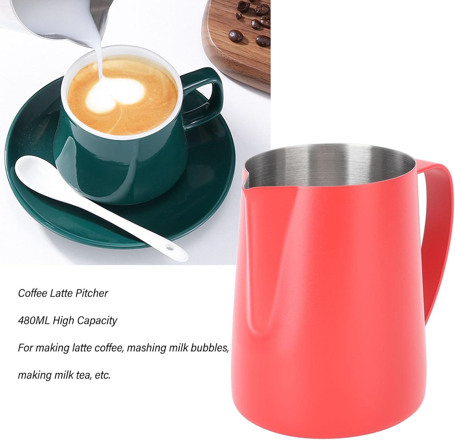 SOULONG Milk Frothing Jug, 600ML Stainless Steel Coffee Frother Cup Pitchers with Measuring Scale and Pointed Spout for Espresso Machines Latte Art Cappuccino Milk Tea (Red) - Red image number 3