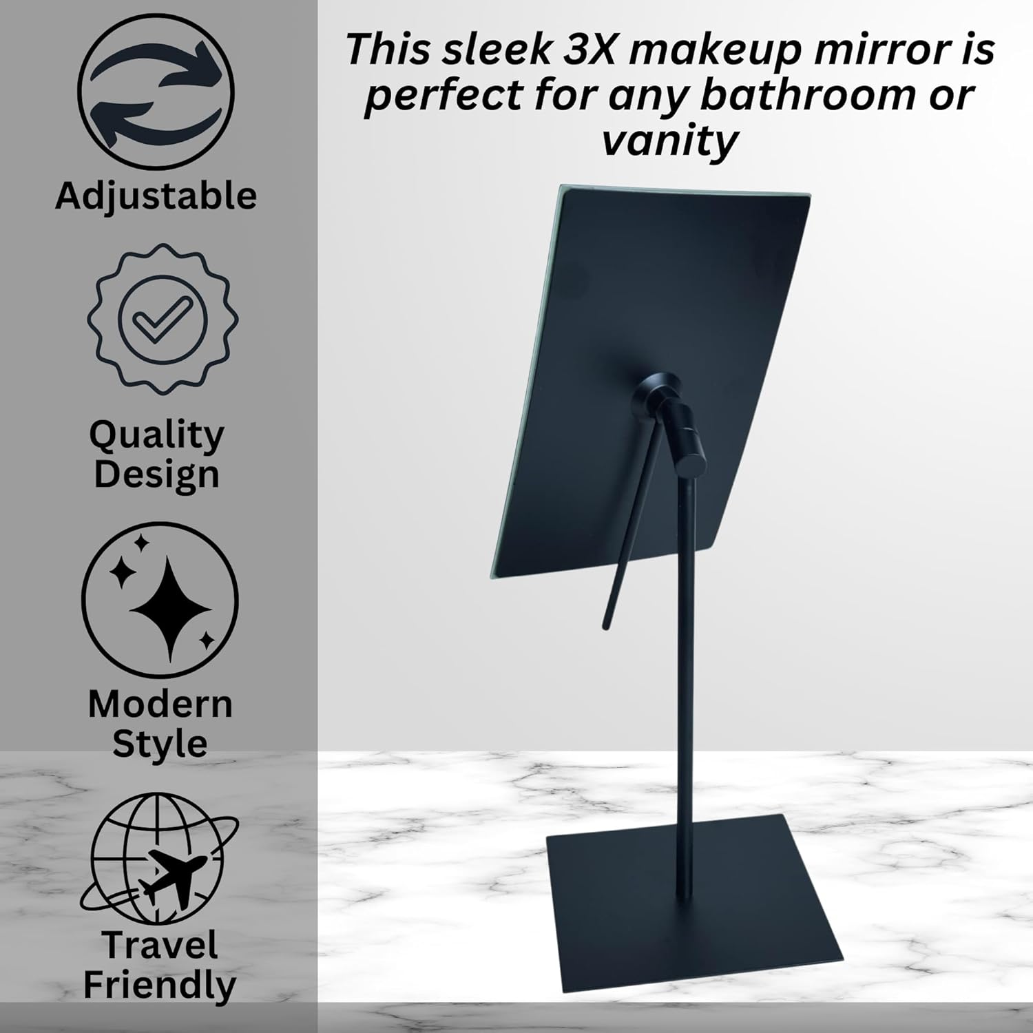 JERDON Rectangular Tabletop Makeup Mirror - Makeup Mirror with 3X Magnification with Black Finish - 5-Inch by 8-Inch Vanity Mirror - Model JP358BK image number 3