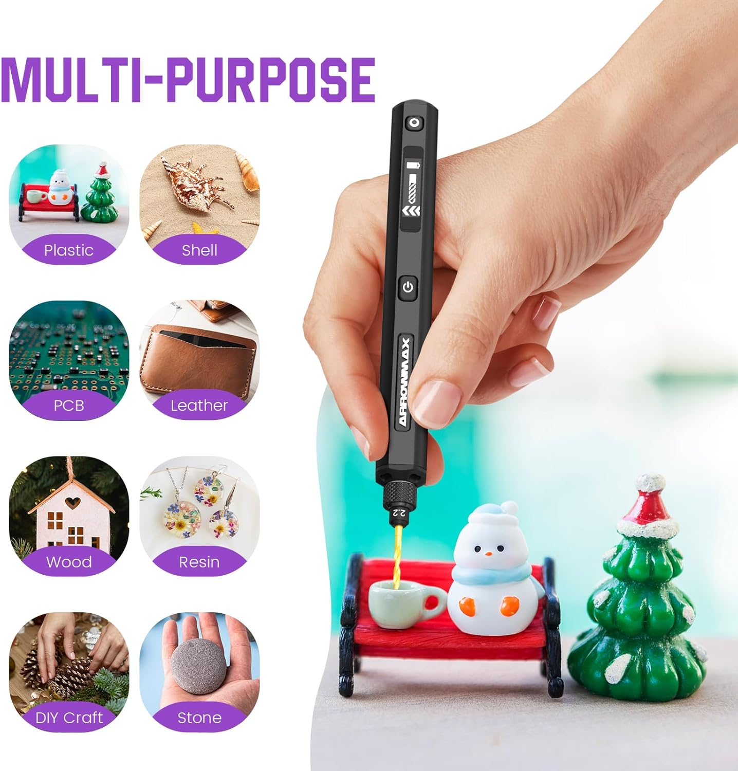AM ARROWMAX Mini Electric Drill Pen, 5-Speed, 10 Small Drill Bits with Aluminium Box, LED Lights, OLED Display, Resin Mini Drill Set for Jewelry Making, Plastic, Wood (SDS), Black image number 5