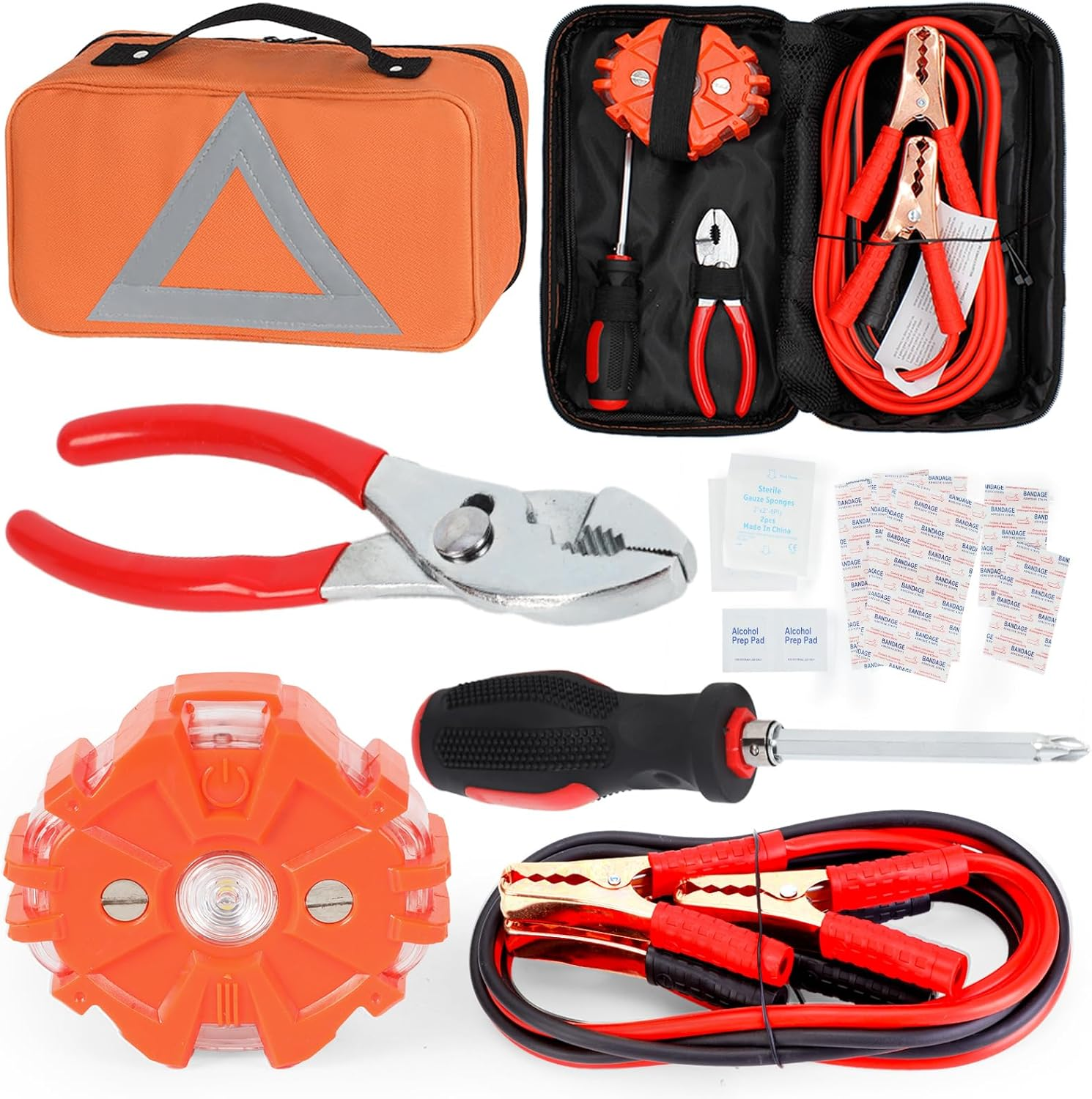 Noone Roadside Assistance Auto Emergency Kit + First Aid Kit - Orange Bag - Contains Jumper Cables, Tools, Reflective Safety Triangle and More. Ideal Winter Accessory for Your Car, Truck, Camper image number 5