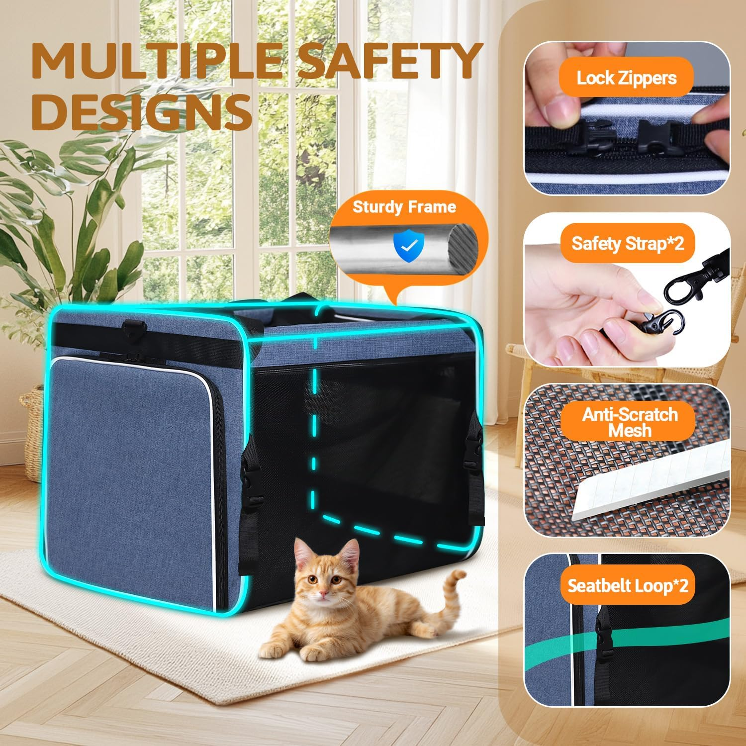 Petskd Side Expandable Extra Large Cat Carrier with Litter Box Area for Long Distance Car Travel,24"X17"X17" Collapsible Soft-Sided Large Pet Carrier with Zipper Locks for 2 Cats under 55Lbs(Blue) - Blue image number 3
