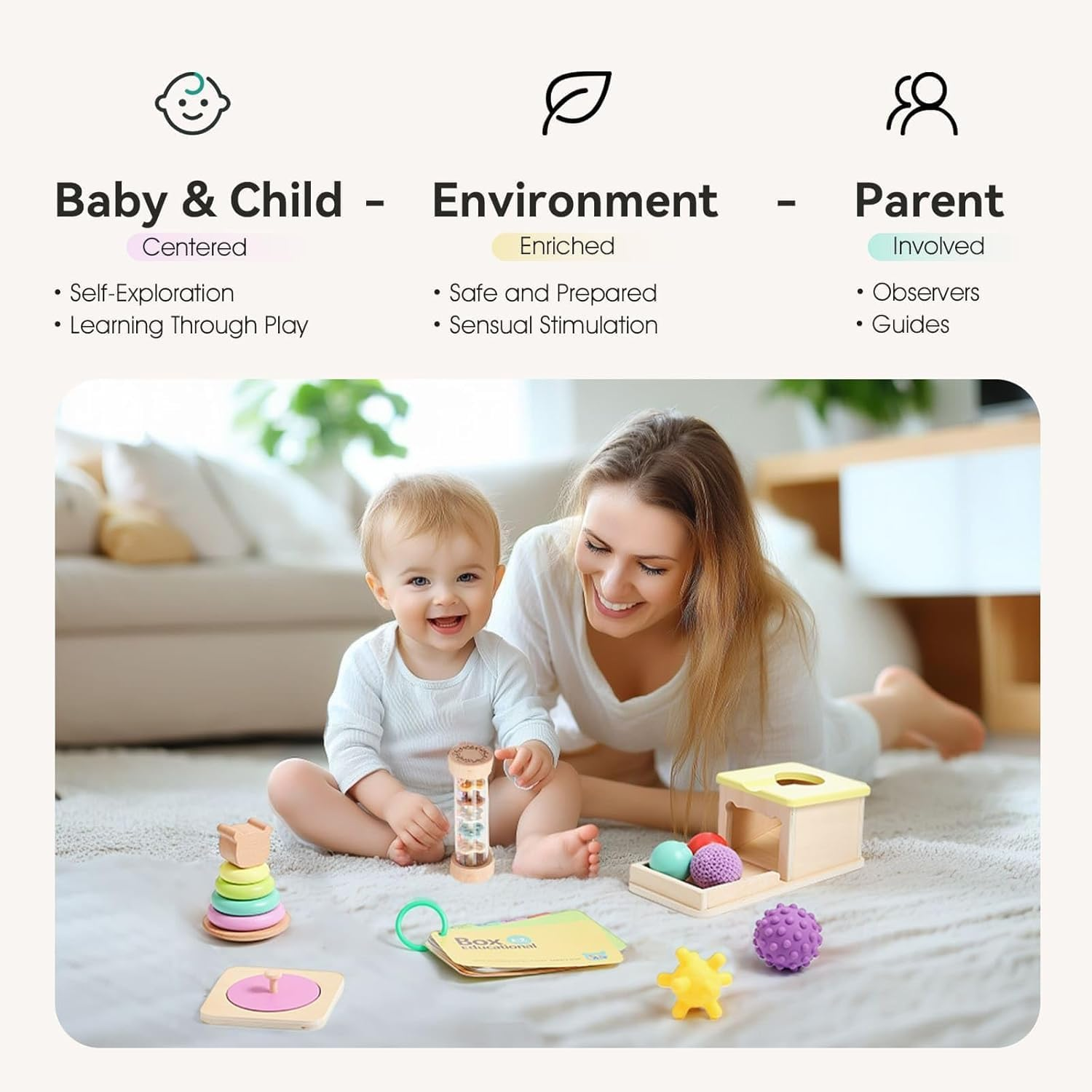 EERKEOD Montessori Toys for Babies 6-9 Months 7 in 1 Wooden Sensory Baby Toy Set with Multi Sensory Ball,Object Performance Box, Stacking & Nesting Rings - Newborn Baby Boy Girl Gift image number 5