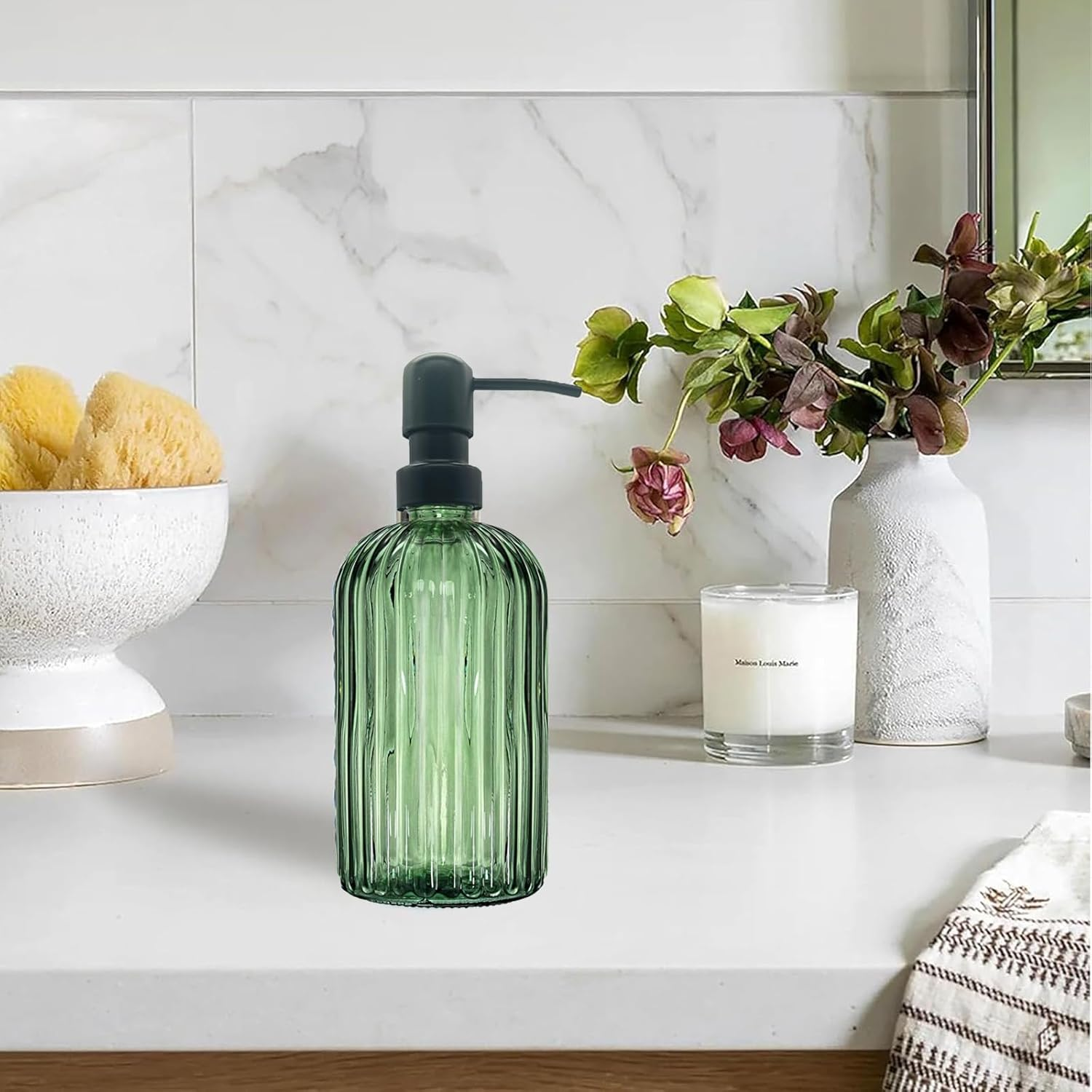13.5Oz Green Glass Soap Dispenser Bathroom with Black Rust Proof Stainless Steel Pump, Clear Liquid Lotion Bottles Refillable Dish Dispensers with Vertical Stripe, Hand Dish Dispenser for Kitchen image number 1