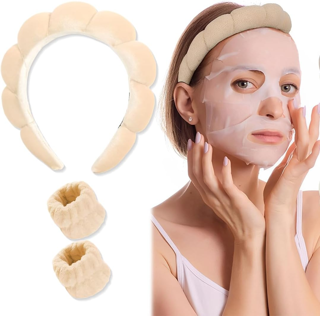 GGUFAY Spa Headband for Washing Face Wristband Set Sponge Soft Terry Cloth Makeup Skin Care Non-Slip Headband for Women image number 4