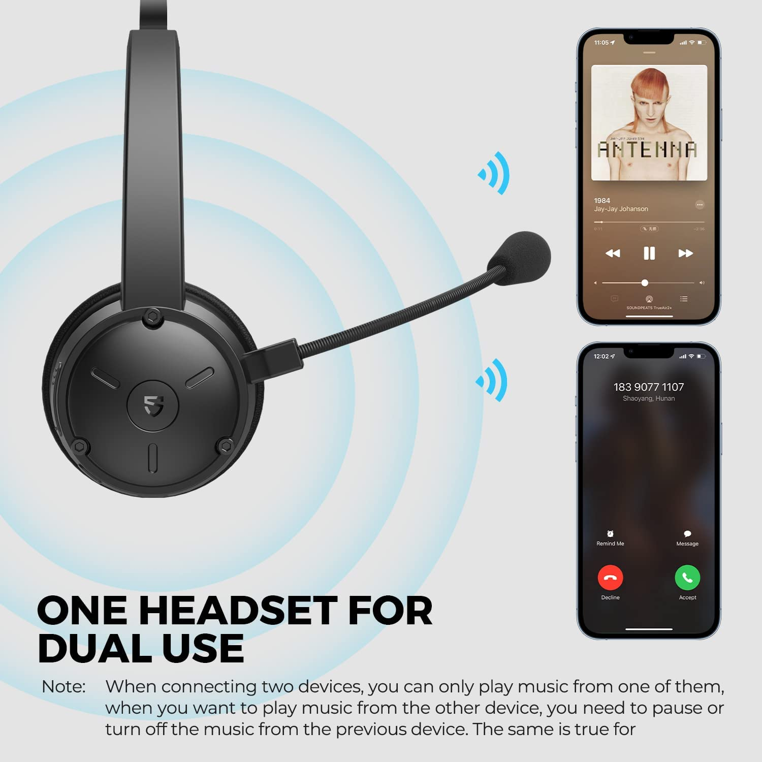 Soundpeats A7 Pro Bluetooth Headset with Microphone V5.2, AI Noise Cancellation Wireless Headset with Mute Mode, 40 Hrs Talktime Headset for Pc/Gaming/Call Center/Meeting/Office image number 3