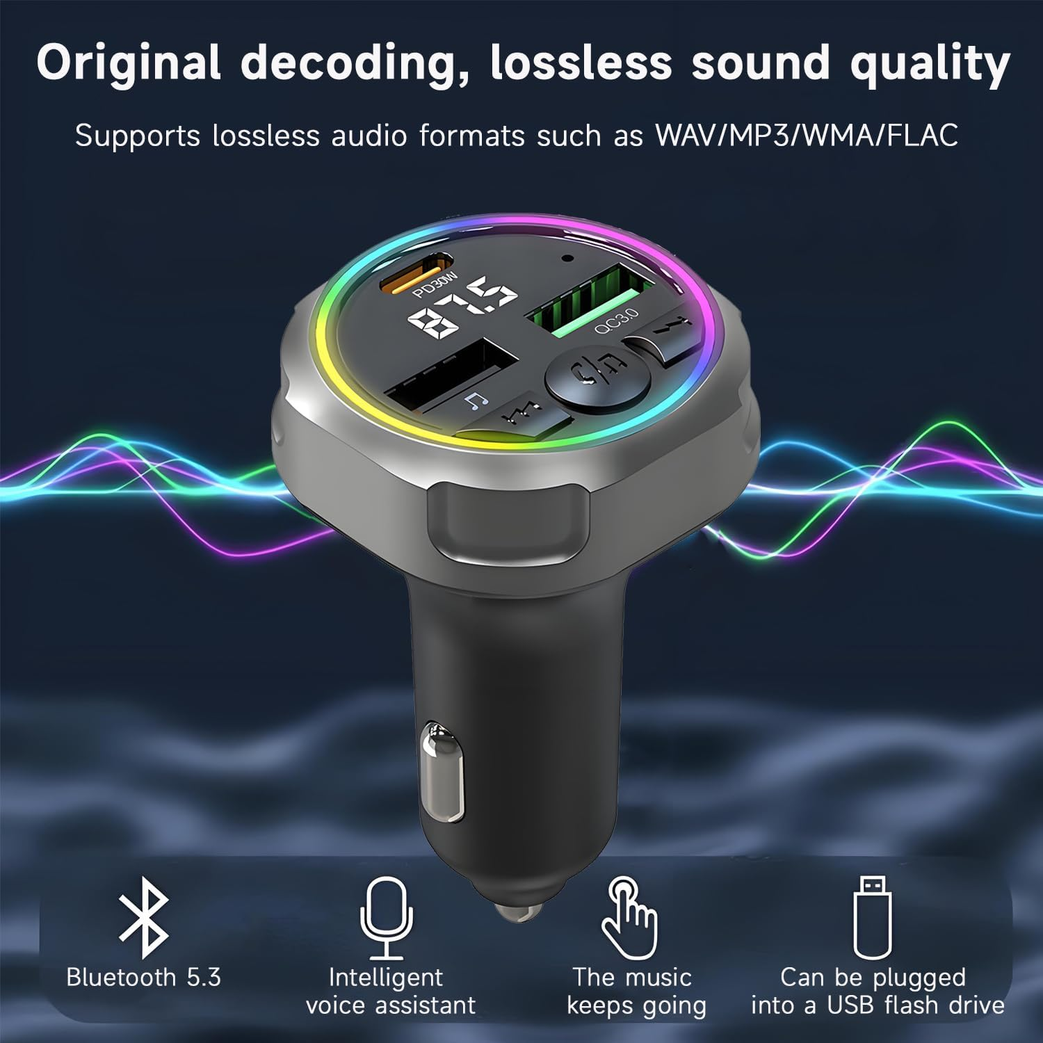 QUMOX Bluetooth 5.3 FM Transmitter Car Charger, PD 30W + QC3.0 Fast Charging, RGB Ambient Light, Dual USB Ports, Hands-Free Calling, Hi-Fi Music, Compatible with Iphone/Samsung/All Vehicles image number 1