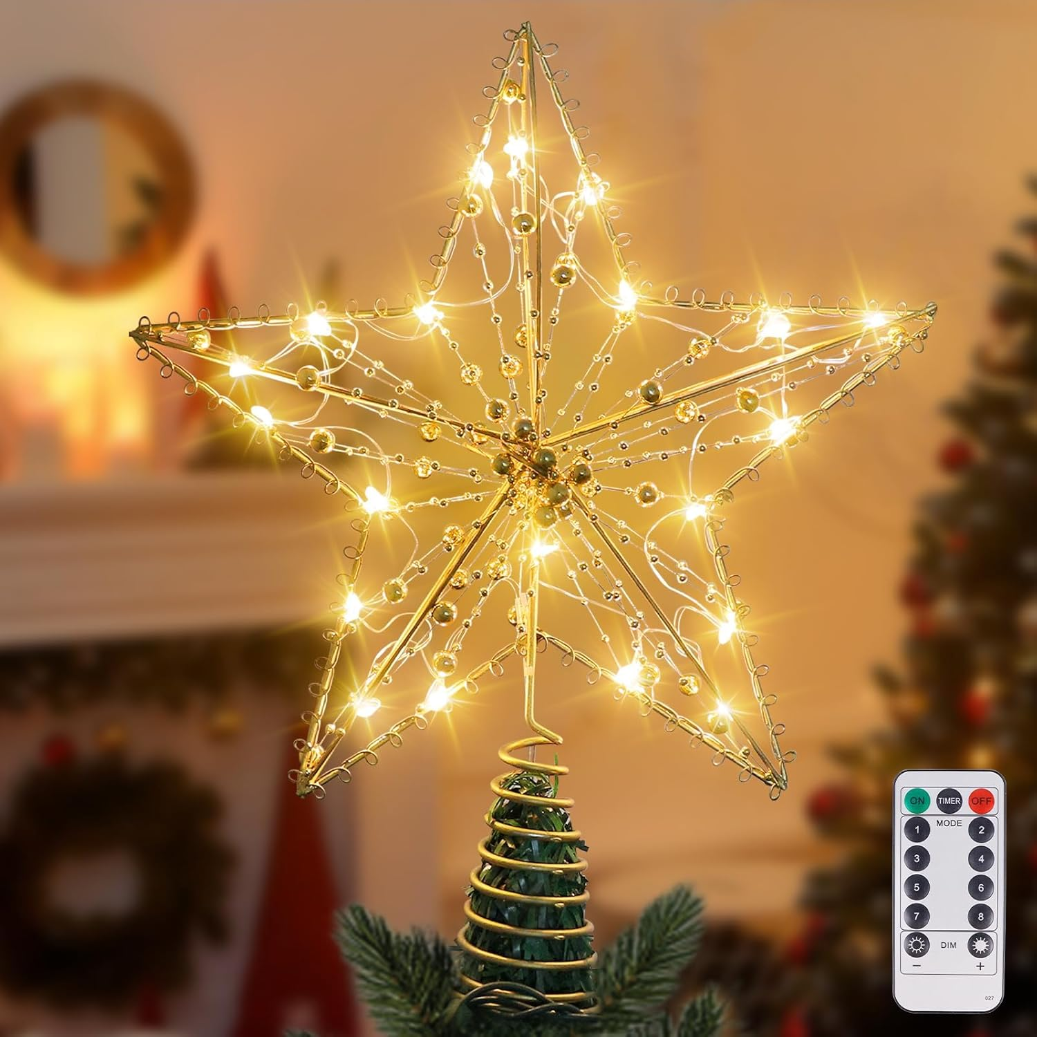 Augshy Gold Christmas Tree Topper Star with 20 Warm White LED Lights and Pearl Beads, Remote Control Star Tree Topper for Christmas Tree Decorations and Xmas Holiday D&eacute;cor (Gold Pearl Angel 20 LED)