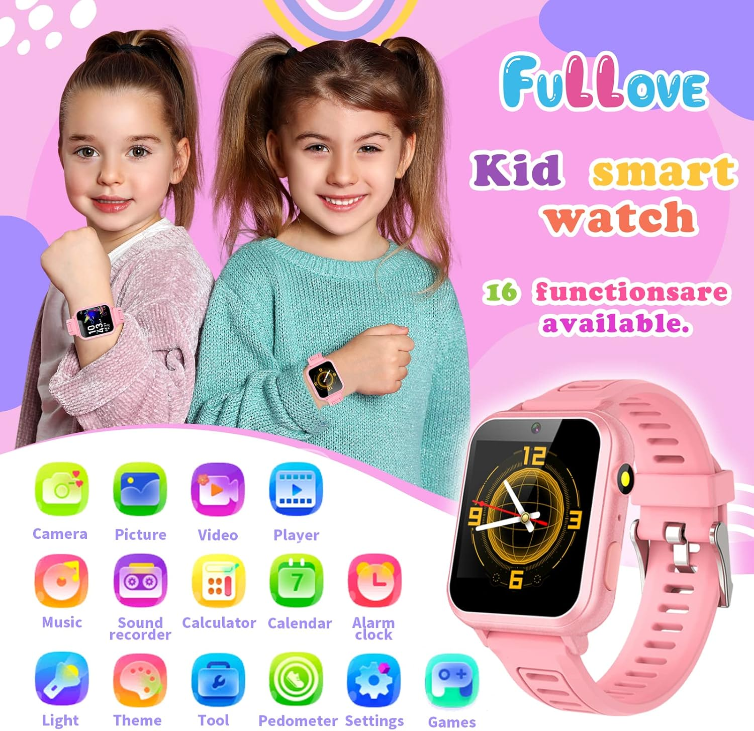 Girl Gifts Age 6 7 8 9 Kid Smart Watch: Presents 6-10 Year Old Girls Kids Learning Watch Birthday Gift 7 8 9 10 Year Old Girls Toy Reminder Game Watch Kids Age 10-12 Girl (Pink) image number 5