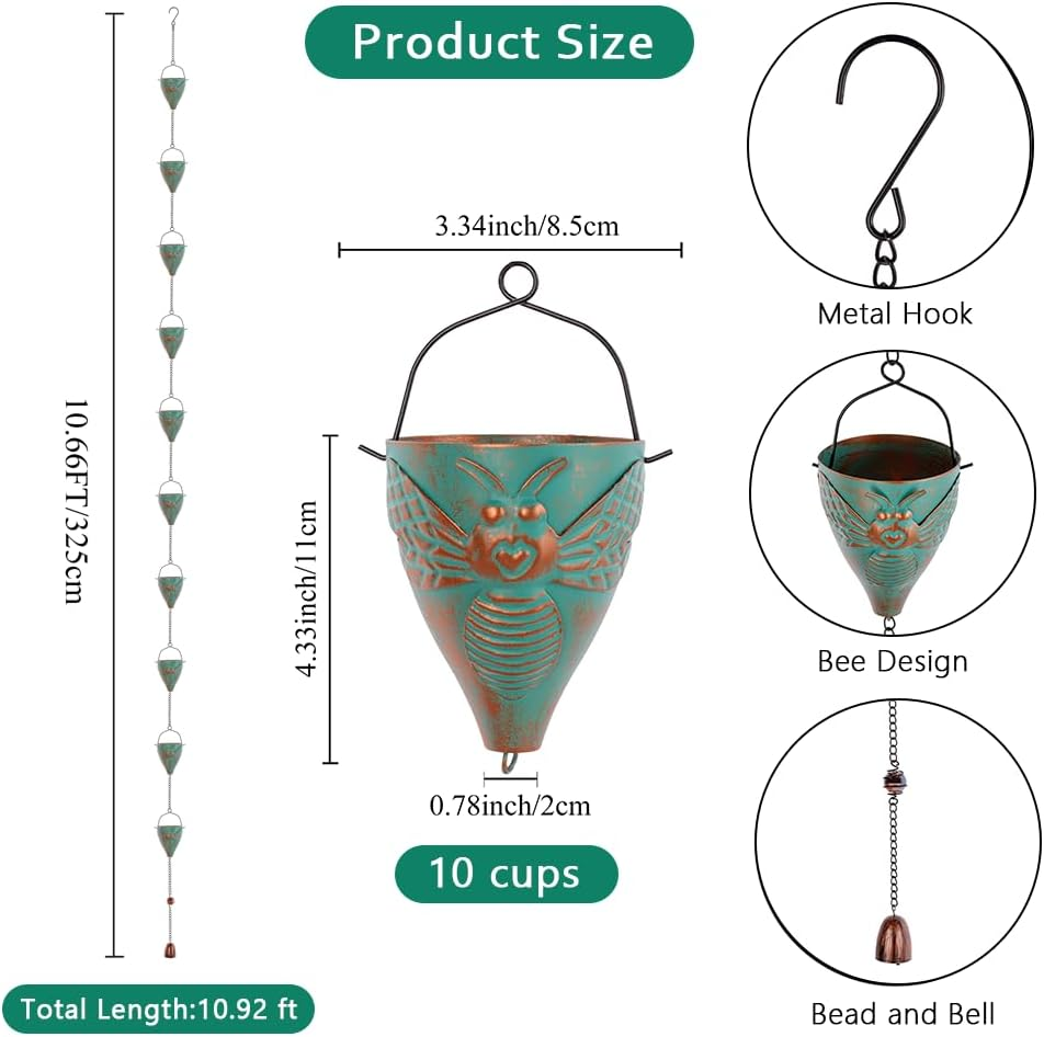 Giole 10 FT Rain Chain for Outside, Rain Chain with 10 Bee Pattern Cups Adjustable Rain Catcher Chain for Gutters, Eaves, Drainage, Replacement for Downpout