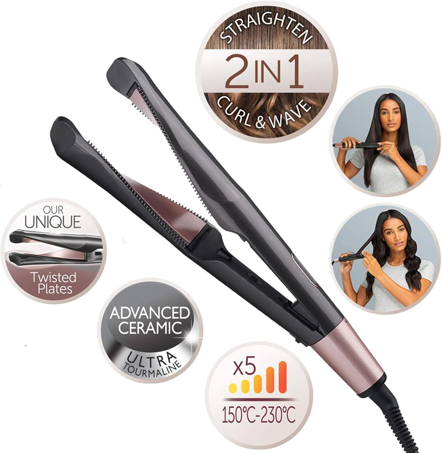 Hair Straightener, Mankami 2 in 1 Curl and Straight Confidence Hair Curler Unique Twisted Plate Design Straightening and Curling Flat Iron for All Hair Types image number 4