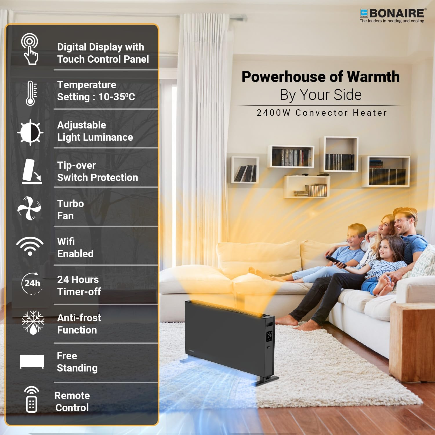 Bonaire Portable Electric Convection Heater 2400W for Home Bedroom Indoor Office with Smart Wi Fi Touchscreen Display, Antifrost Function, Slim Design Freestanding Space Heater, Black image number 5