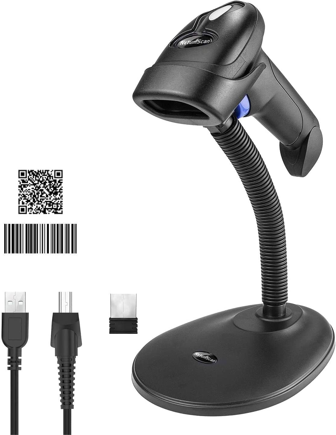 Wireless 1D 2D Barcode Scanner with Stand, Netumscan Portable Automatic QR Code Scanner Supports Screen Scan Handheld CMOS Image Bar Code Reader with USB Receiver for Warehouse POS and Computer image number 1