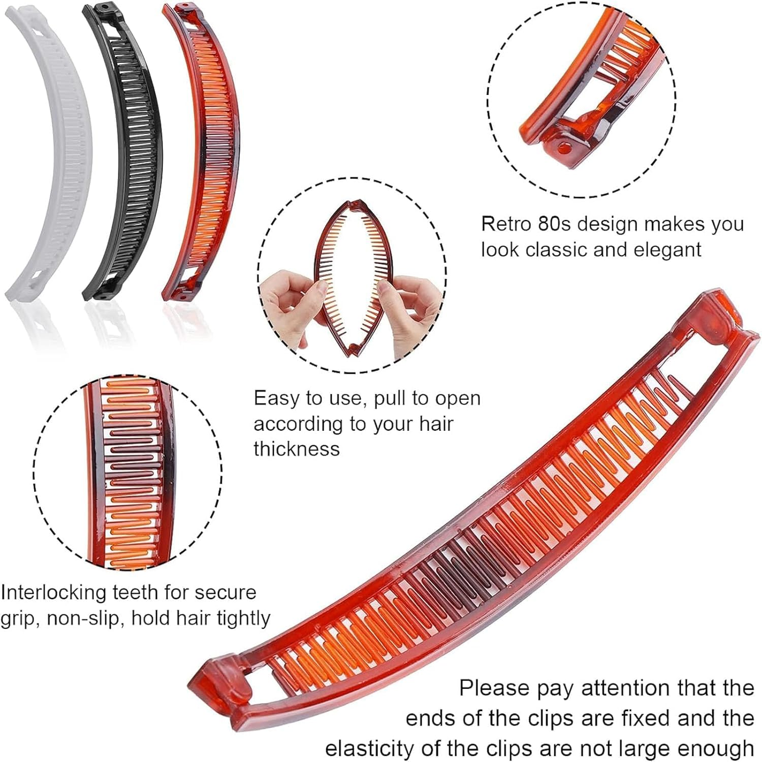 Pack of 3 Banana Clips, Retro Banana Hair Clips, Banana Clip Hair, Portable Non-Slip Banana Clip, Ponytail Hair Clip for Women and Girls, Thin, Thick Hair, Fashionable Hairstyles and Hair Styling. image number 2