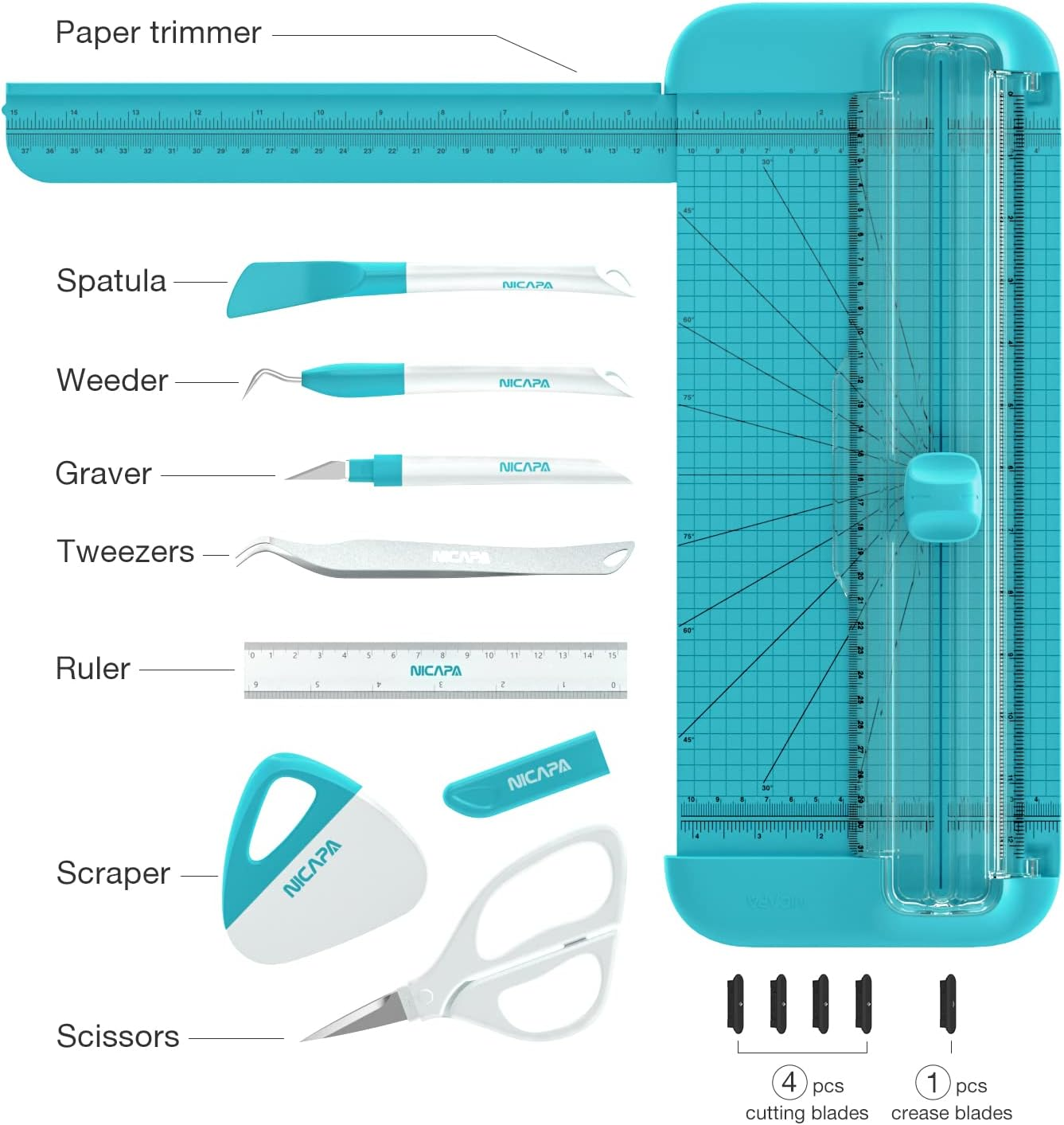 NICAPA Paper Trimmer A4 Paper Cutter Weeding Tool Set for Vinyl , Basic Weeding Tool Kit Craft Knife/Weeder/Scraper/Spatula/Tweezers/Scissors A4 Craft Paper Trimmer Tool Set for Vinyl, Paper, Photo , Coupon, Lable and Cardstock-Blue - White image number 4