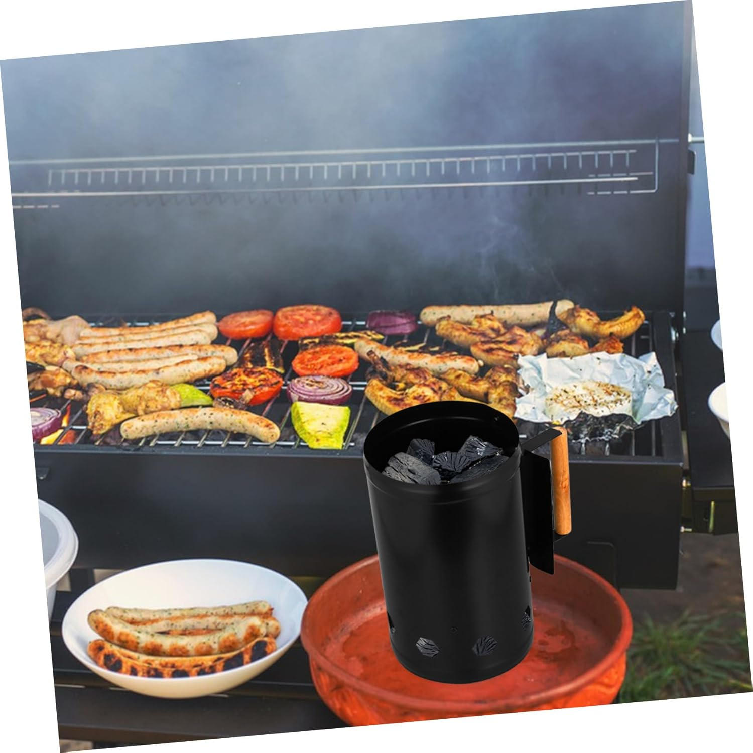 Garneck Charcoal Chimney Starter Barrel with Natural Wooden Handle Thickened Steel Burning Carbon Barrel for Outdoor BBQ Camping Six Air Inlets for Fast Ignition and Heat Random Color image number 5
