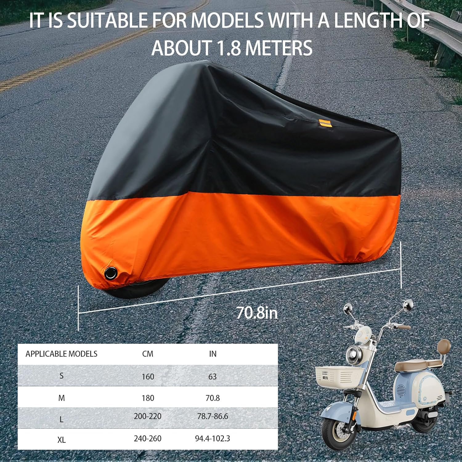 Waterproof Motorcycle Cover - Fits up to 70.3" (180 Cm) - Suitable for Yamaha, Harley, Honda, Suzuki, Kawasaki - Black Orange, Size M image number 2