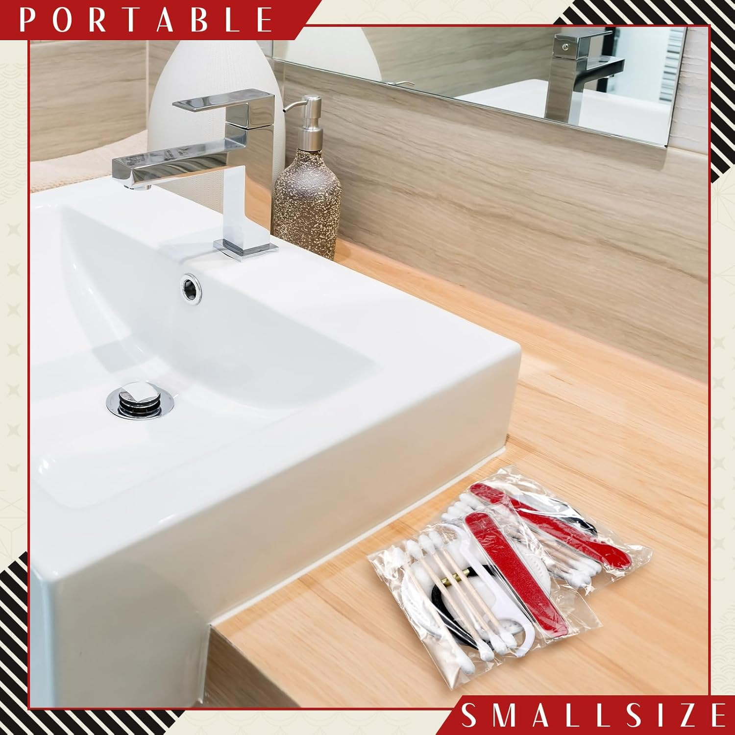 Tondiamo 100 Set Hotel Vanity Kit Individually Wrapped Travel Size Hotel Hospitality Kit Include Disposable Cotton Pads, Cotton Swabs, Hair Tie, Nail File, Dental Floss for Motels Toiletries