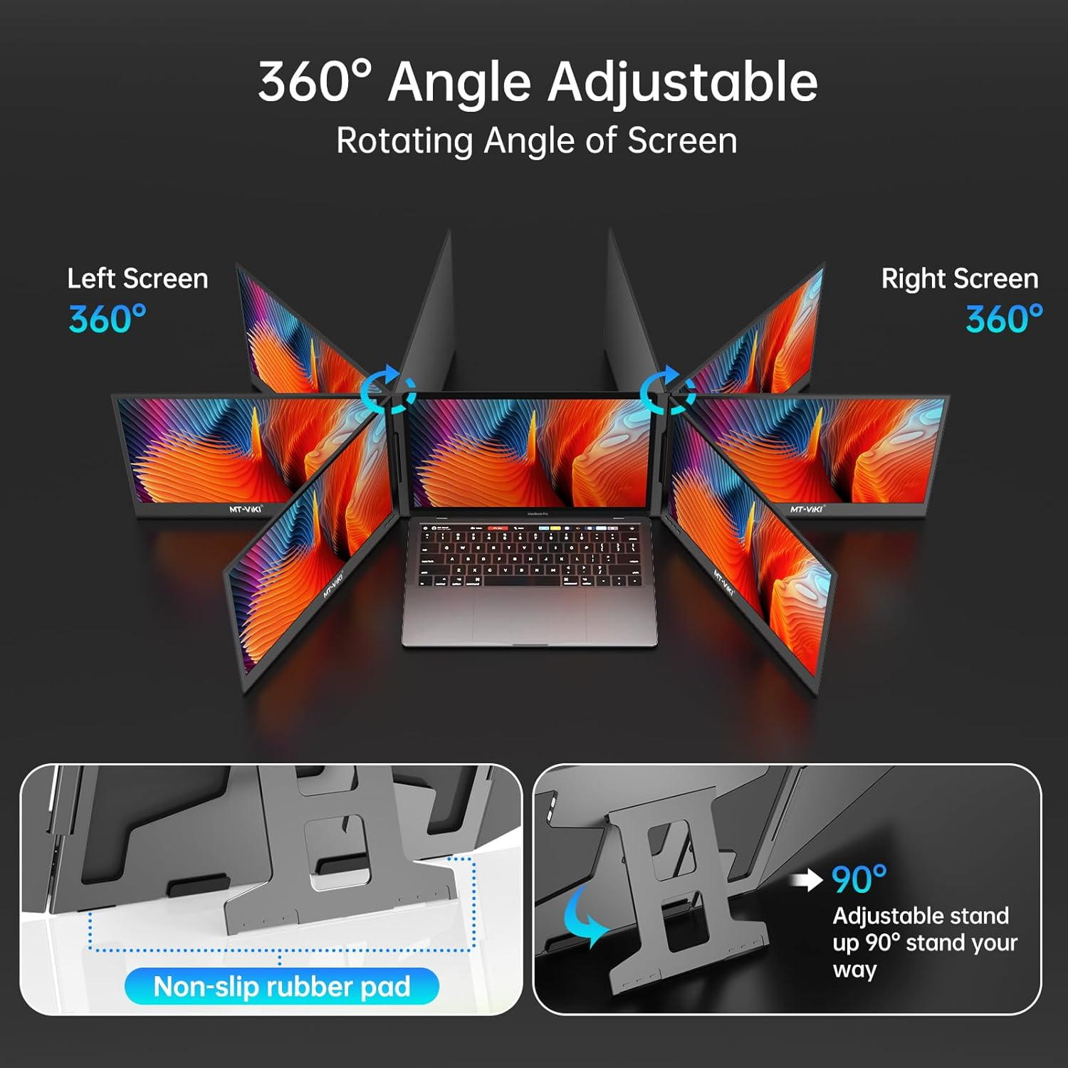 MT-VIKI 15.6" Triple Laptop Screen Extender for Win/Mac (M1,M2, M3), FHD 1080P IPS Portable Dual Monitor for 11"-16" Laptops, Only One USB-C Cable, 360&deg; Rotation (Thick-0.5Mm, Weight-3.9Lbs) image number 6