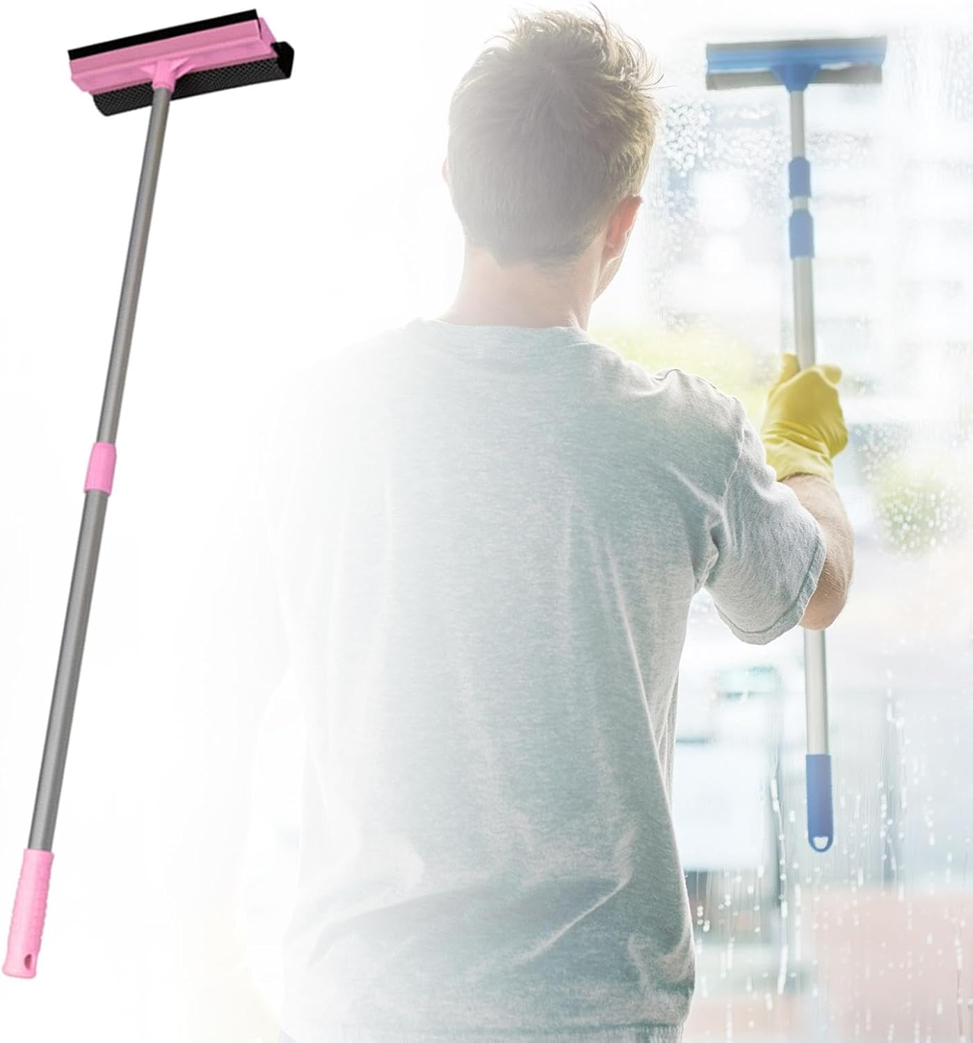 Yuksok Window Squeegee Cleaning Brush Double Sided Telescopic Pole Mirror Washer 2 in 1 Window Cleaner for Glass Dorm Tiles Bathroom, Pink image number 5