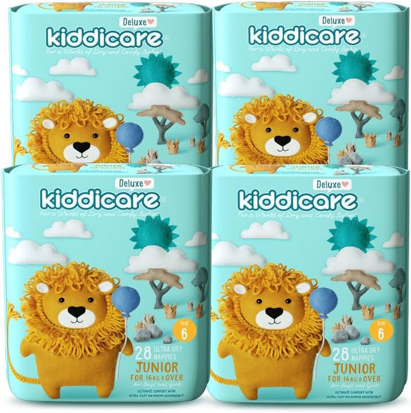 Kiddicare Deluxe Junior Baby Nappies, Size 6 (16+Kg), 112-Count, Pack of 4, Ultra-Fast 12-Hour Absorption, Leak Protection, Anti-Rash, Cottony Soft & High Absorbent Technology