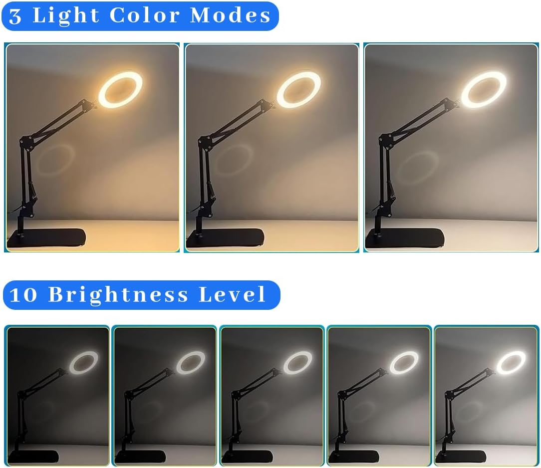 10X Magnifying Glass with Light, Adjustable Arm and Stand, Heavy-Duty 2 in 1 Metal Base Magnifier, 2200 Lumens LED Lamp, Ideal for Reading, Crafting, and Hobby Work image number 3