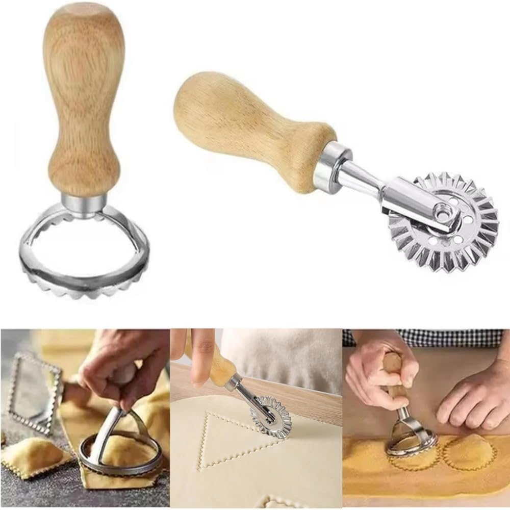 Ravioli Stamp Maker Tools with Roller Wheel Set of 5, Wooden Handle Ravioli Maker Tools with Roller Wheel, Pasta Press Wheel Dumplings Maker Tools image number 5