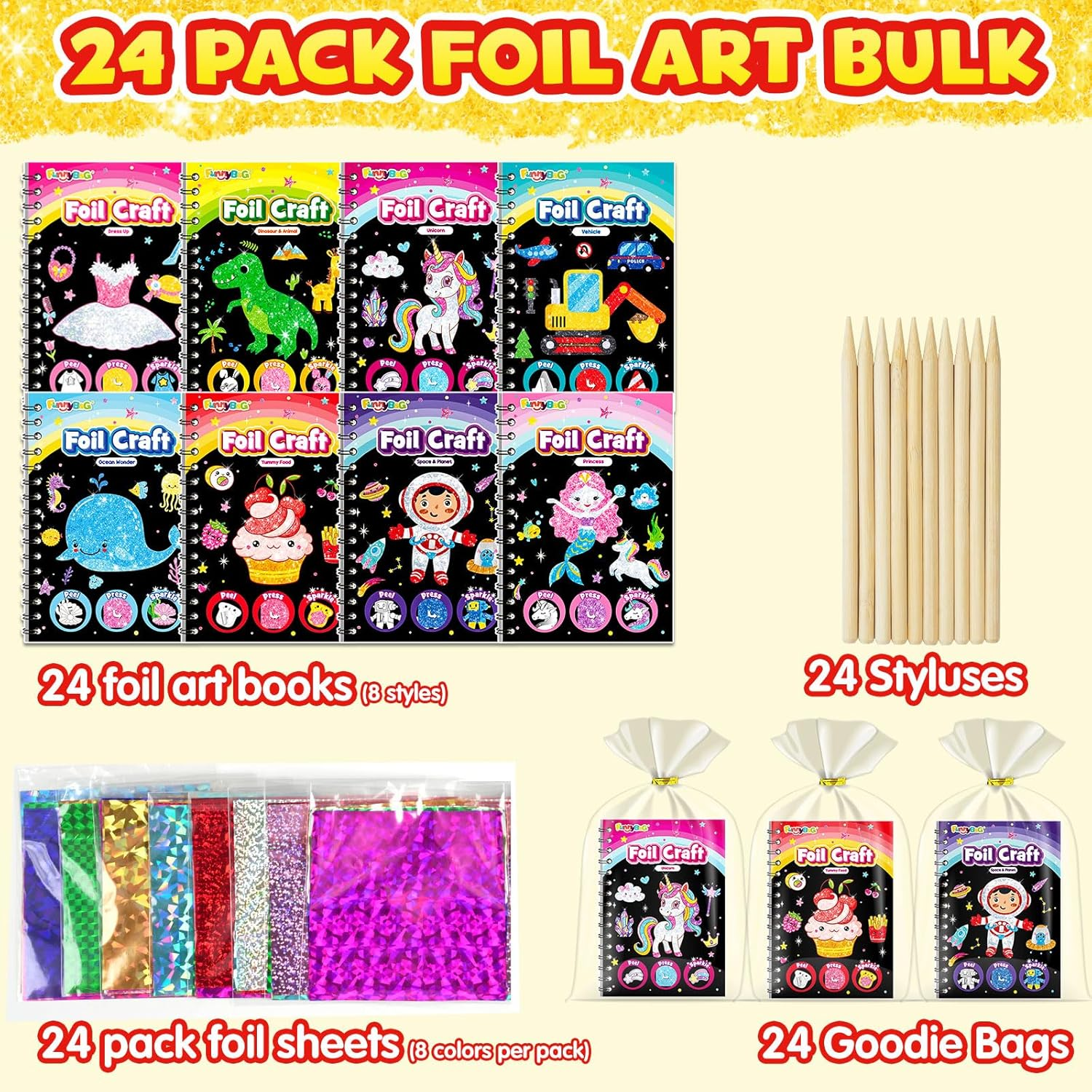 FUNNYB&G Foil Art Party Favors for Kids - 24 Pack Foil Art Goodie Bag Items Loot Bags Fillers, Kids Toys for Birthday Party Favors Classroom Prizes Return Gifts Bulk, Mini Coloring Books Crafts image number 1